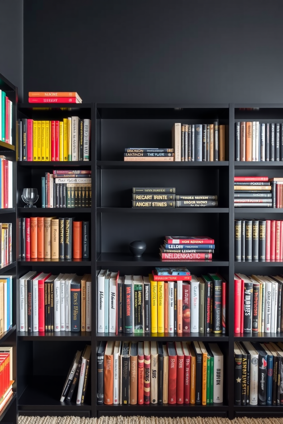 A striking home library featuring colorful spine books arranged on sleek black shelves. The walls are painted in a deep charcoal hue, creating a dramatic backdrop for the vibrant book collection.