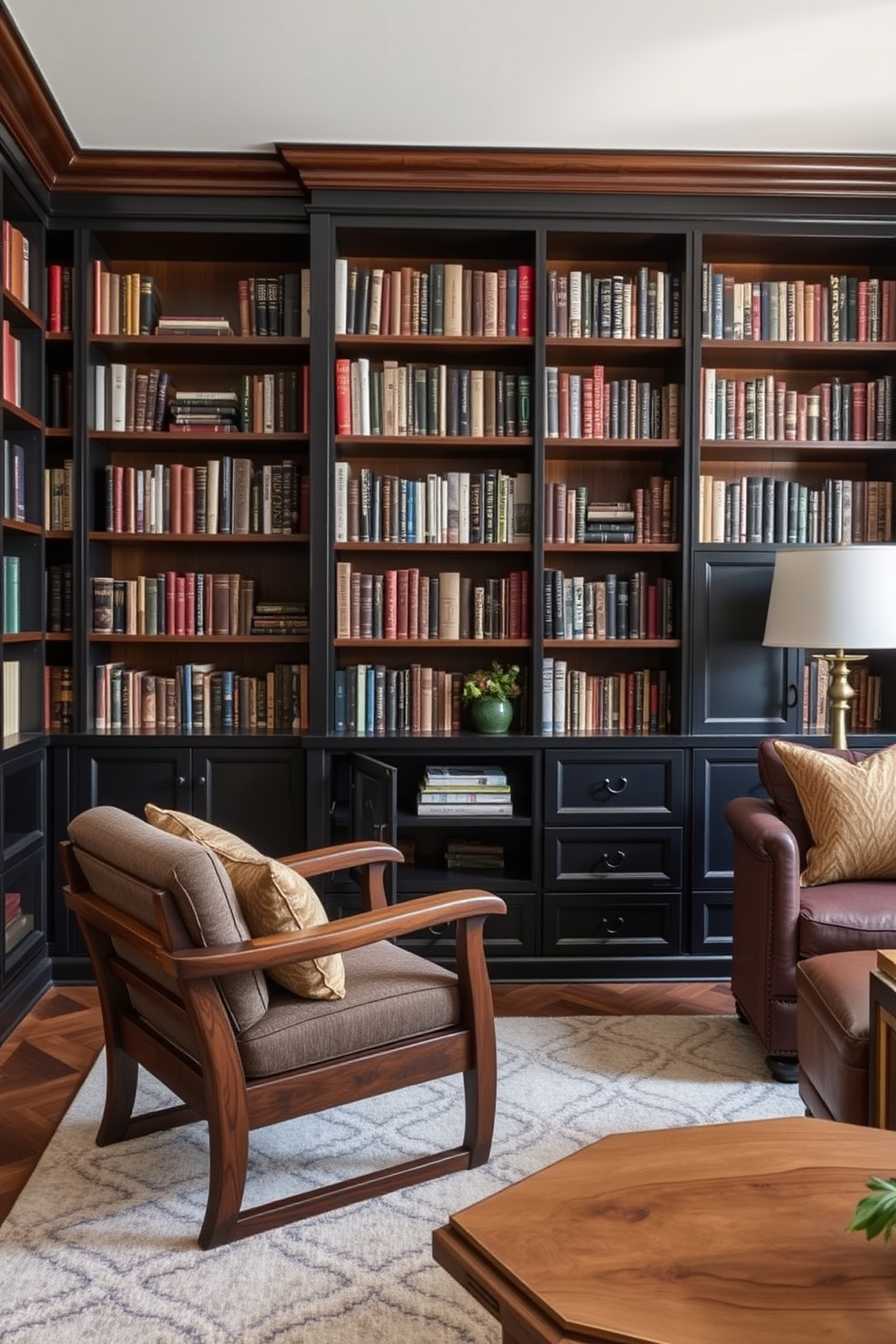 Artisan crafted wooden furniture pieces create a warm and inviting atmosphere in a home library. The rich textures and natural grains of the wood complement the cozy reading nooks and shelves filled with books. Black Home Library Design Ideas feature sleek black cabinetry and accents that exude sophistication. Plush seating arrangements and soft lighting enhance the intimate feel, making it the perfect space for relaxation and study.