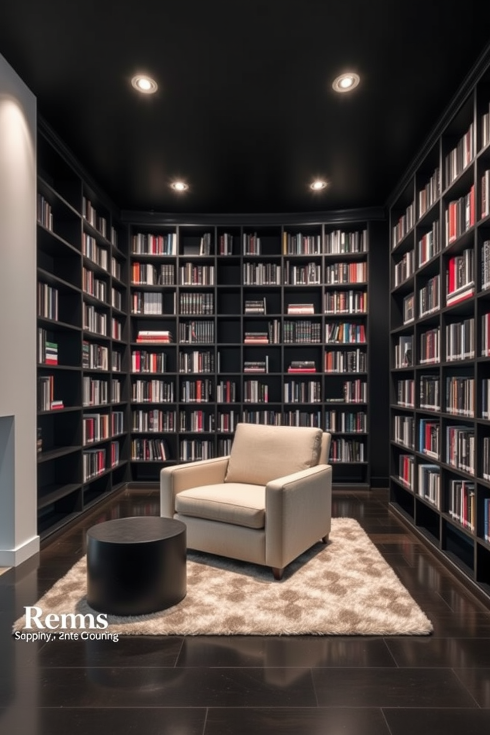 A sleek modern home library features floor-to-ceiling black bookshelves that create a dramatic backdrop. A large, comfortable armchair in a neutral tone sits in the center, accompanied by a minimalist side table. The lighting is soft and ambient, with recessed lights illuminating the shelves. A plush area rug in a subtle pattern adds warmth to the space, inviting relaxation and reading.