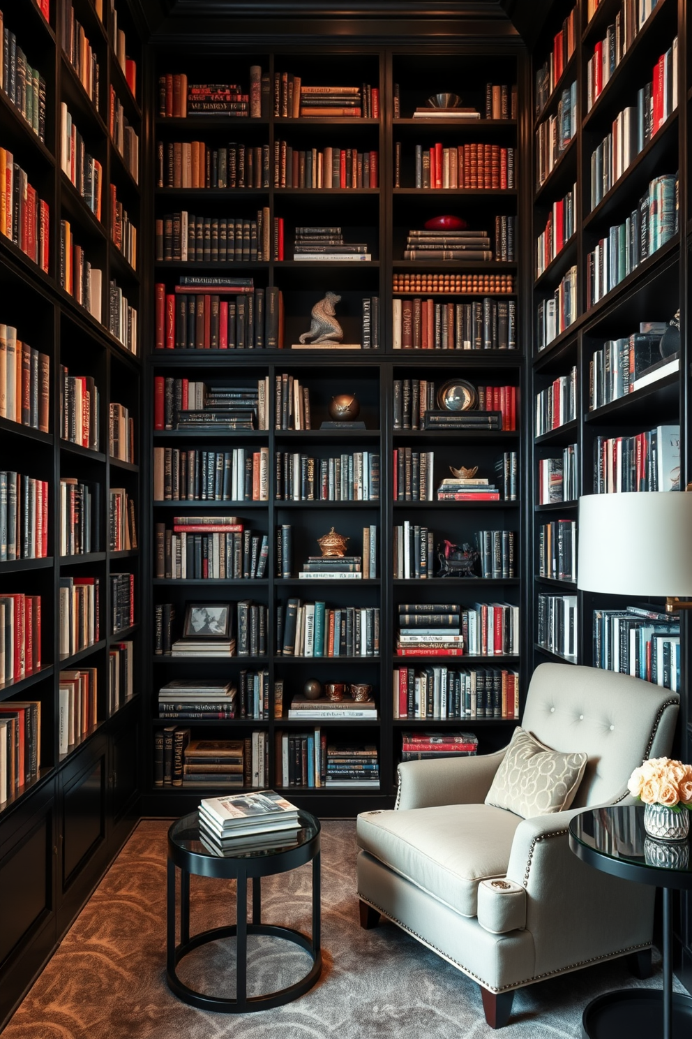 A luxurious home library featuring floor to ceiling black bookshelves that create a dramatic backdrop. The shelves are filled with an extensive collection of books and adorned with tasteful decor items. A cozy reading nook is situated in one corner, complete with a plush armchair and a small side table. Soft, ambient lighting illuminates the space, enhancing the inviting atmosphere of the black home library.