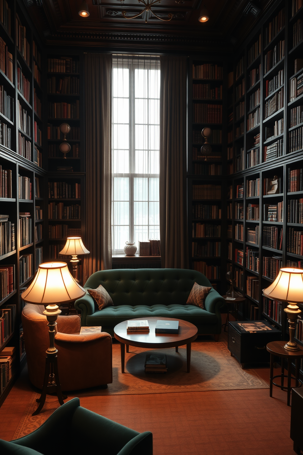 A cozy personal library featuring dark wood bookshelves filled with an extensive collection of books. In the center, a plush velvet lounge area with a deep green sofa and a round coffee table creates an inviting reading nook. Soft, warm lighting from elegant floor lamps illuminates the space, enhancing the rich colors of the decor. A large window with sheer curtains allows natural light to filter in, providing a serene atmosphere for relaxation and reading.