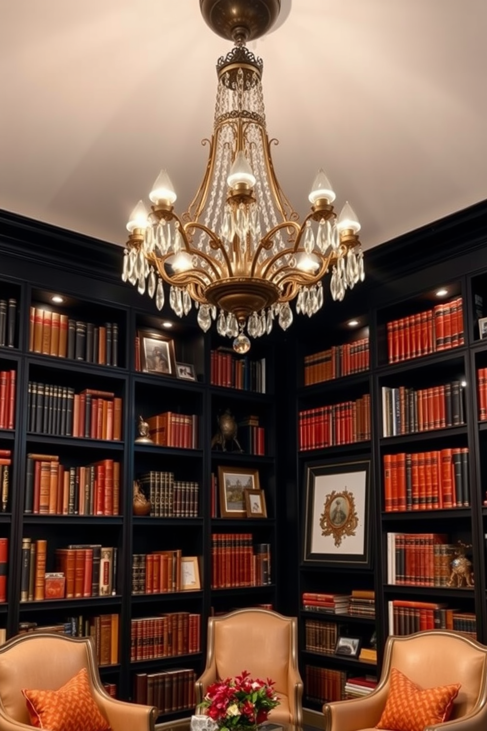 An elegant chandelier hangs gracefully from the ceiling, casting a warm glow over the room. The intricate design features crystal accents that shimmer in the light, creating a captivating focal point. The home library is designed with black walls, providing a sophisticated backdrop for the extensive collection of books. Rich wooden shelves line the walls, filled with leather-bound volumes and personal mementos, creating a cozy yet dramatic atmosphere.