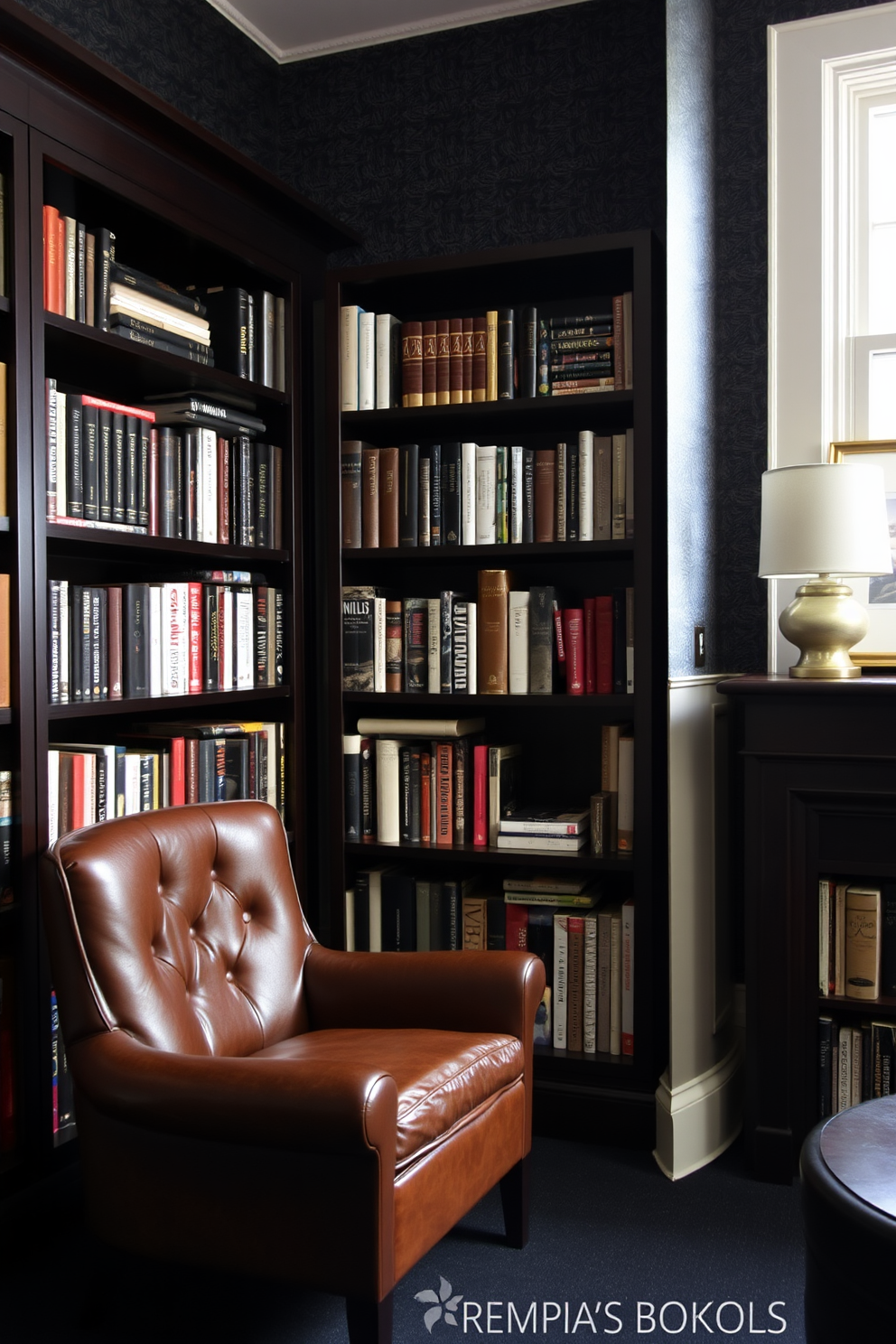 A cozy home library featuring textured black wallpaper that adds depth and sophistication to the space. The room is furnished with dark wooden bookshelves filled with an array of books, and a plush leather armchair sits in the corner for comfortable reading.