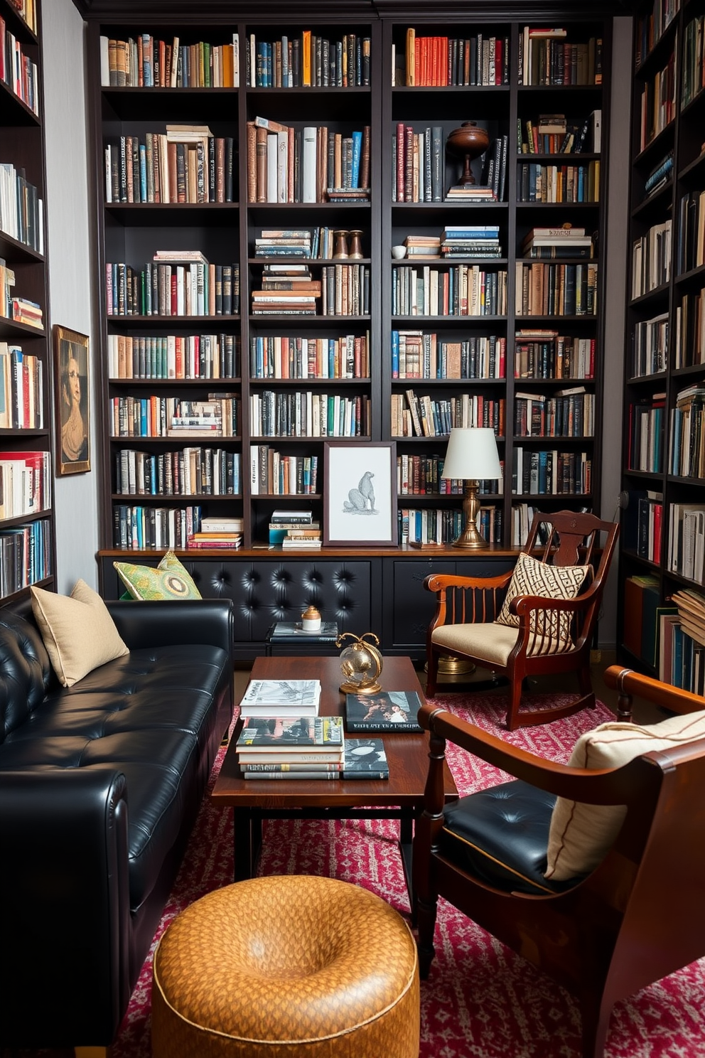 A cozy home library featuring a mix of modern and vintage furniture. The space includes a sleek black leather sofa paired with an antique wooden armchair, creating an inviting reading nook. Bookshelves line the walls, filled with an eclectic collection of books and decorative items. A stylish coffee table sits in the center, topped with a vintage lamp and a few art books for inspiration.