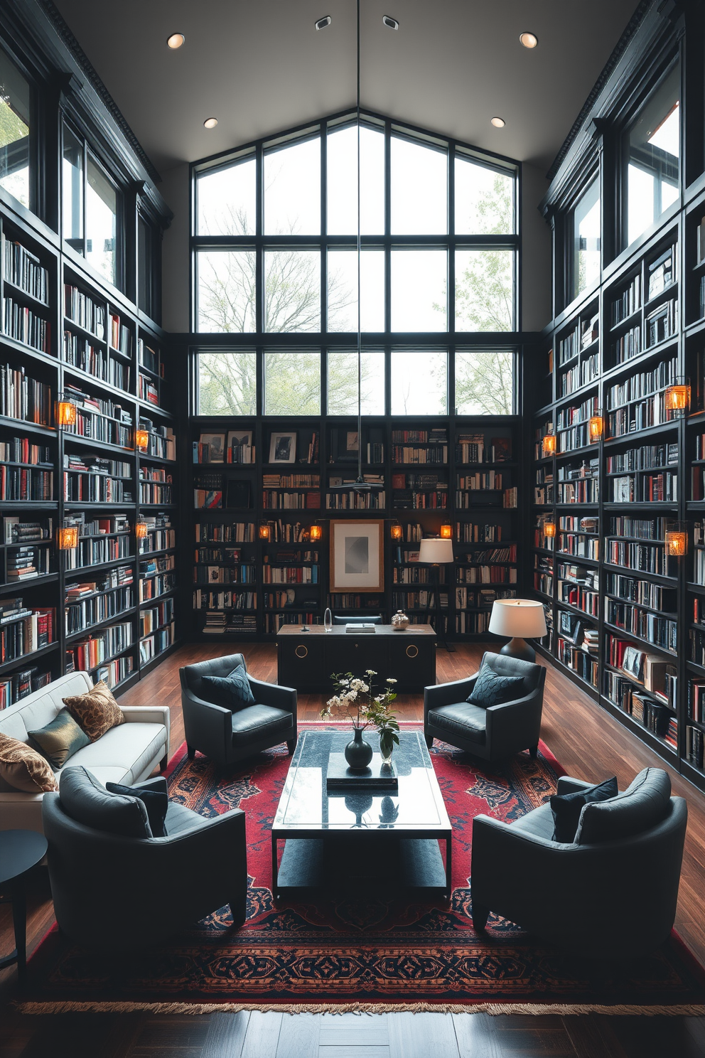 A spacious home library with large windows allowing ample natural light to flood the room. The walls are lined with dark wooden bookshelves filled with an extensive collection of books, creating an inviting and cozy atmosphere. A plush seating area featuring a pair of comfortable armchairs and a stylish coffee table sits in the center of the room. The decor includes warm lighting fixtures and a rich area rug that adds texture to the elegant black-themed design.