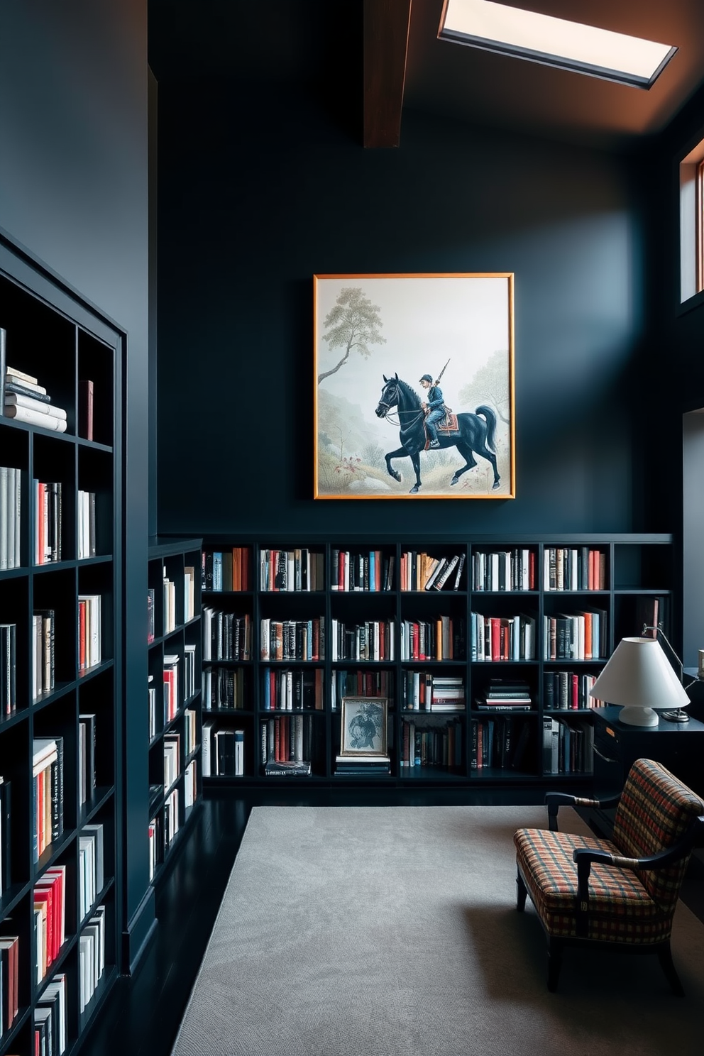A stunning home library with deep black walls creates an intimate atmosphere. A large bookshelf filled with an array of books stretches across one wall, while a statement artwork hangs above it, adding a focal point to the space.