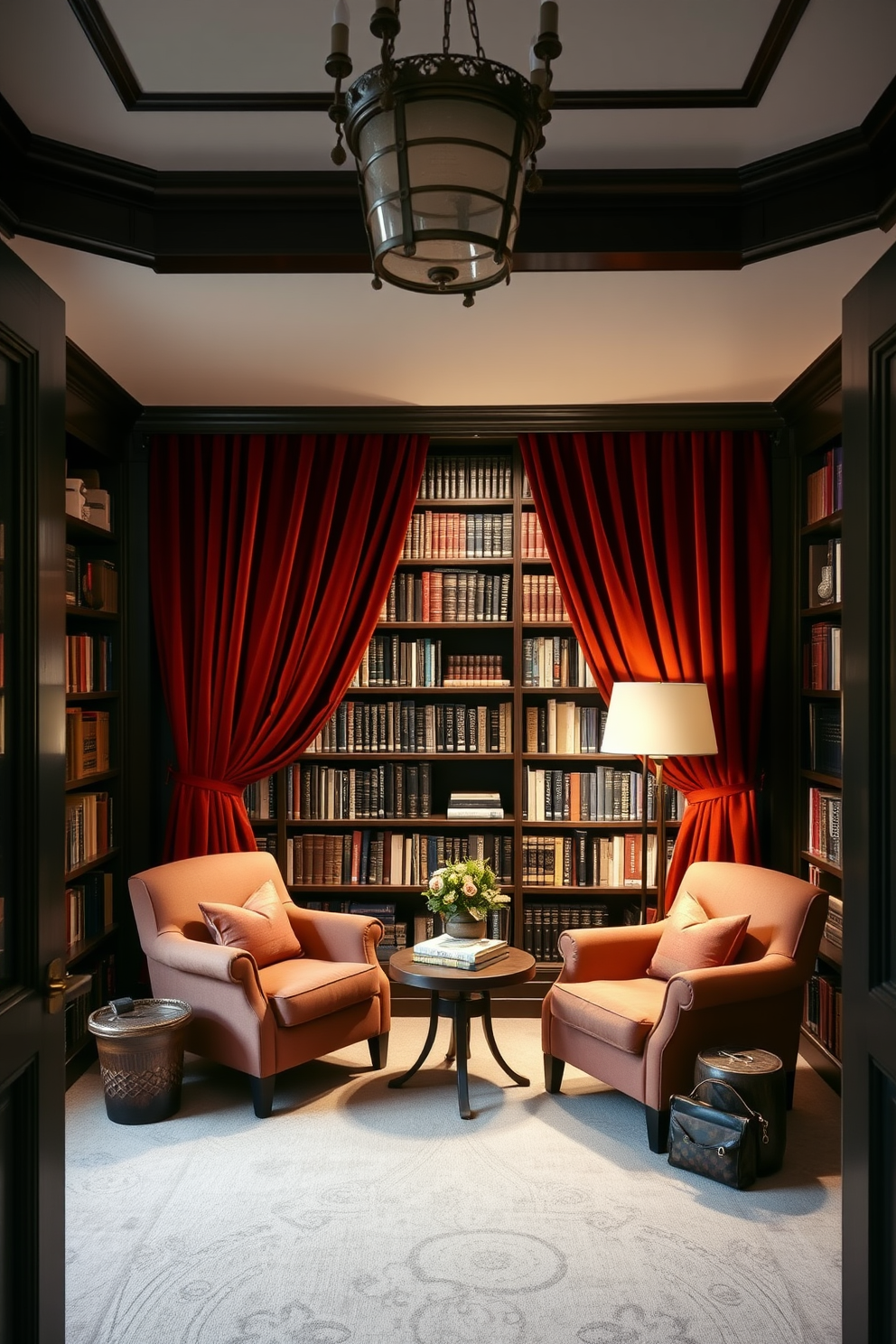 A cozy home library featuring rich velvet curtains that add warmth and sophistication to the space. The library is filled with dark wooden shelves lined with books, and a comfortable reading nook with plush armchairs invites relaxation.