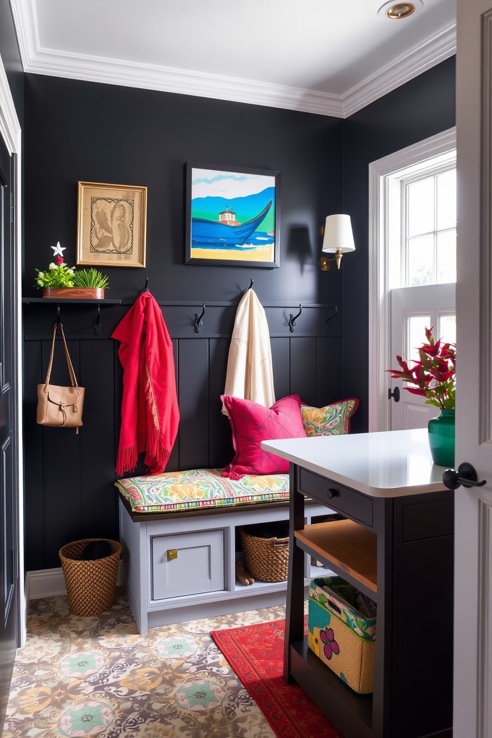 A striking mudroom featuring bold black walls that create a dramatic backdrop for colorful decor. The space is adorned with vibrant artwork and decorative elements that add personality and warmth. Functional storage solutions are incorporated, including a bench with colorful cushions and hooks for hanging coats. The flooring is a mix of patterned tiles that complement the overall aesthetic, making it both stylish and practical.