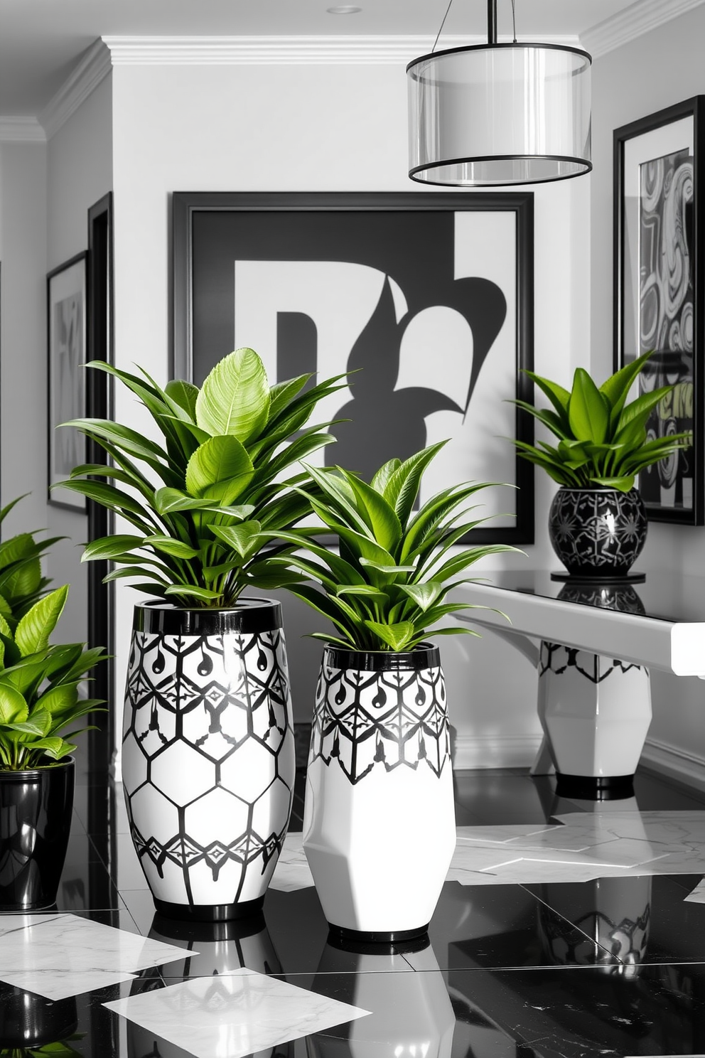 Elegant black and white ceramic planters are strategically placed throughout the foyer. The planters feature intricate geometric patterns and are filled with lush greenery, adding a touch of sophistication to the space. The foyer design incorporates a striking black and white color scheme with bold art pieces adorning the walls. A sleek console table in a glossy finish complements the planters, while a modern pendant light fixture illuminates the area.