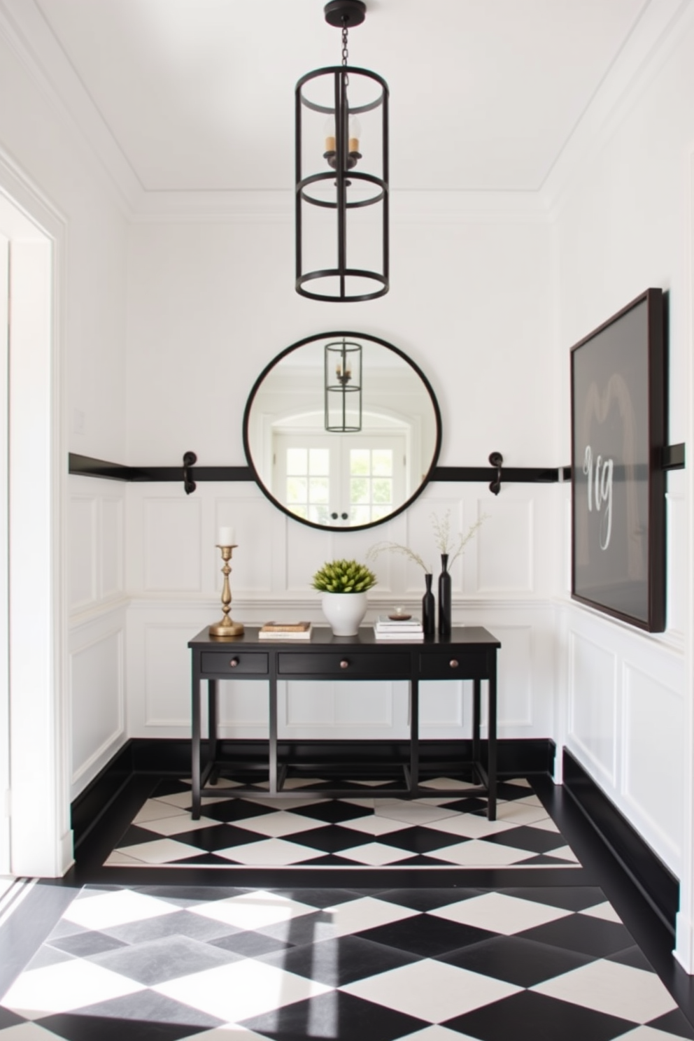 A classic foyer featuring elegant white wainscoting that adds a touch of sophistication to the space. The black accents provide a striking contrast, enhancing the overall aesthetic and creating a timeless appeal. The floor is adorned with a black and white checkerboard pattern that complements the wainscoting beautifully. A stylish console table in the center showcases decorative elements, while a large round mirror above it reflects natural light and adds depth to the room.