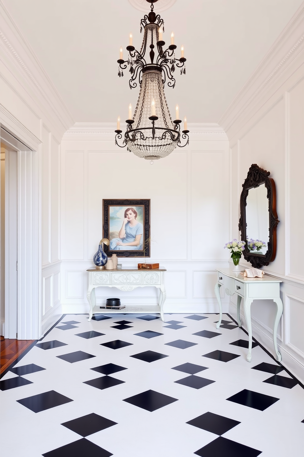 A classic foyer features a striking black and white checkerboard floor that sets a timeless tone. The walls are adorned with elegant wainscoting painted in a crisp white, complementing the bold flooring. At the center of the foyer, a grand chandelier hangs from the ceiling, casting a warm glow over the space. A vintage console table against one wall displays decorative items and a large mirror with an ornate black frame.