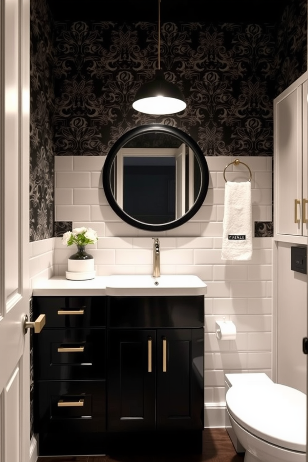 A stylish powder room features framed black and white photos adorning the walls, adding a personal touch to the space. The decor includes a sleek pedestal sink and a minimalist mirror, creating an elegant atmosphere. The flooring is a classic black and white checkerboard pattern, enhancing the monochromatic theme. Soft lighting fixtures illuminate the room, casting a warm glow that complements the striking artwork.