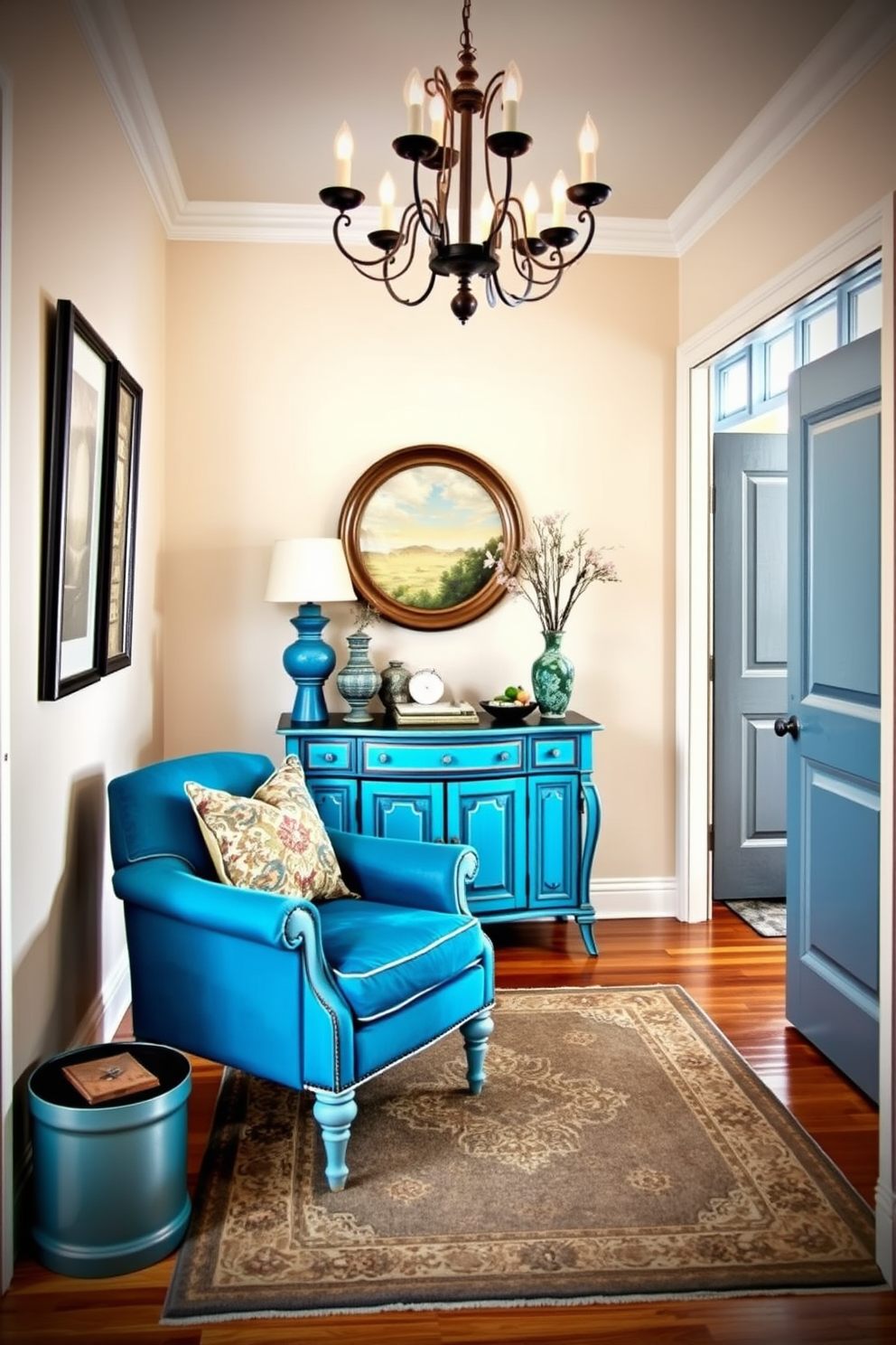 Vintage blue furniture adds a unique character to any space, creating a charming focal point that draws the eye. The foyer features a vintage blue console table adorned with decorative objects, complemented by a matching blue armchair that invites guests to sit and admire the decor. The walls are painted in a soft neutral tone, allowing the blue furniture to stand out beautifully. A stylish area rug in muted tones anchors the space, while a statement chandelier provides warm lighting, enhancing the vintage ambiance of the foyer.