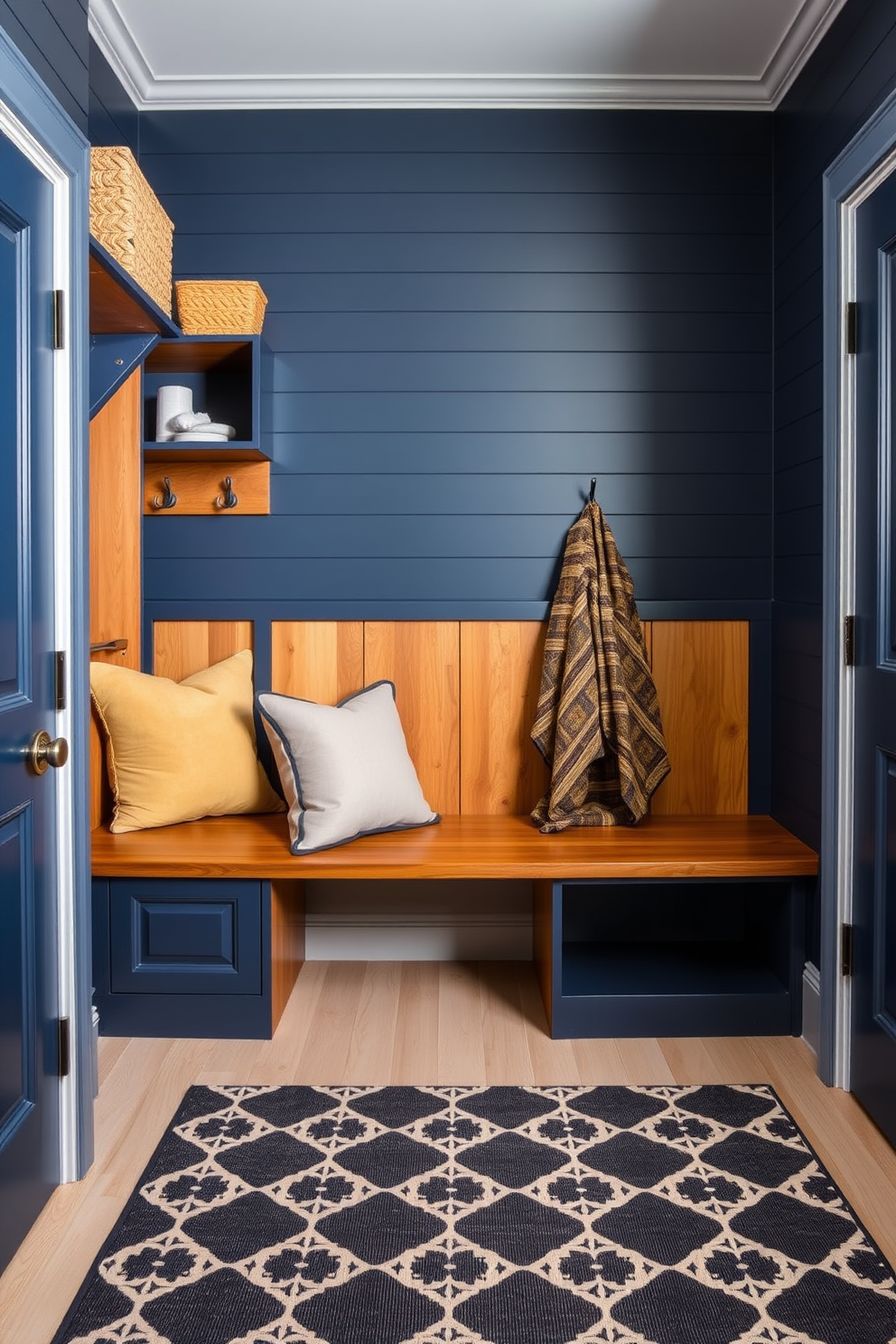 A navy blue mudroom features built-in storage solutions that blend functionality with style. The space includes a bench with plush cushions and hooks for hanging coats, all accented by warm wooden tones. The walls are adorned with shiplap panels painted in a complementary shade, creating a cozy yet modern atmosphere. A patterned rug lies underfoot, adding texture and visual interest to the room.