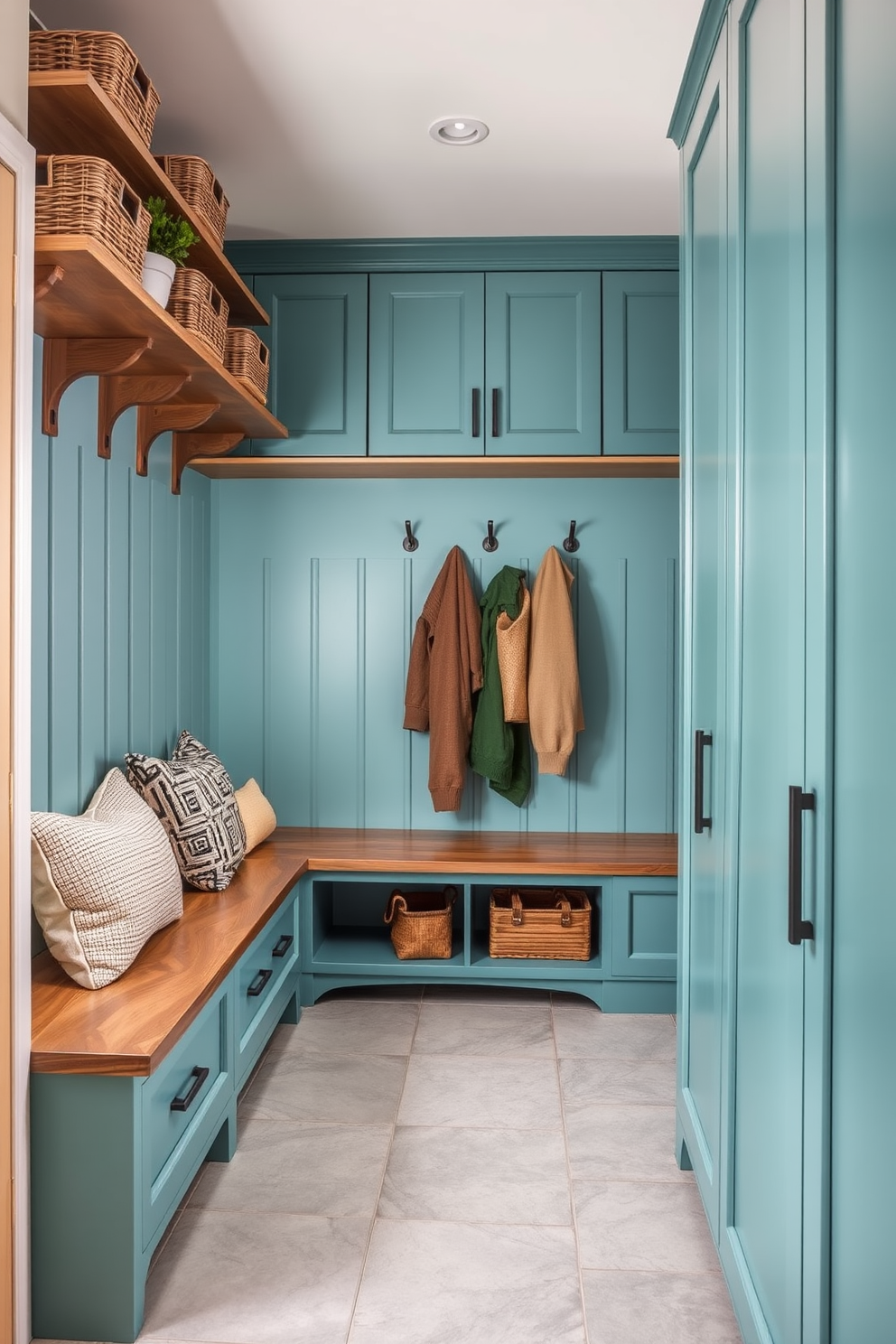 Teal cabinets are installed along the walls, providing ample storage space while adding a vibrant touch to the mudroom. Wooden shelves above the cabinets display decorative baskets and potted plants, enhancing the room's warmth and functionality. The floor features a durable tile in a light gray hue, complementing the teal and wood elements beautifully. A cozy bench sits against one wall, adorned with plush cushions and hooks above for hanging coats and bags.