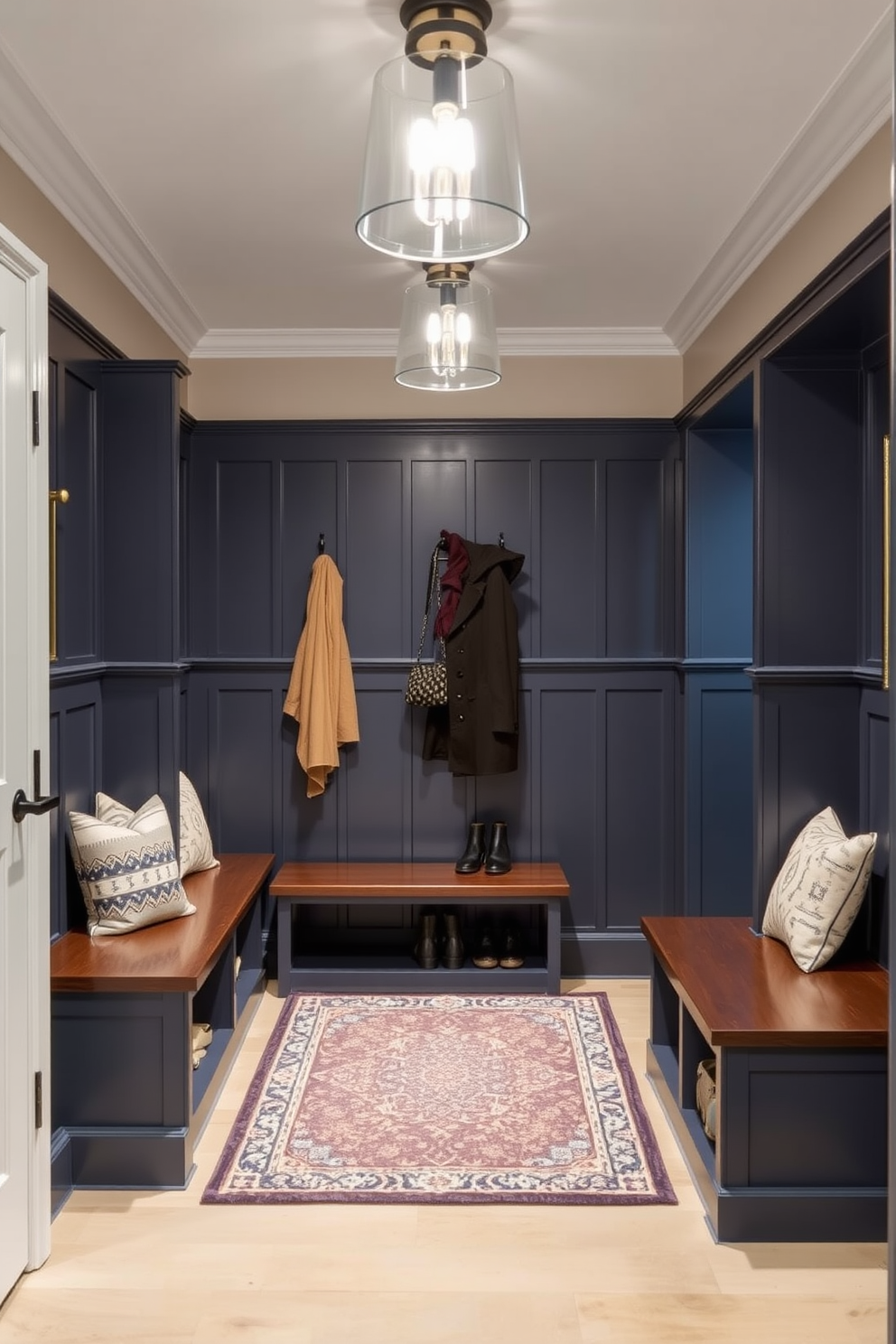 A stylish mudroom features slate blue wainscoting that adds a touch of elegance to the space. The light fixtures are modern and complement the blue tones, providing ample illumination. Functional storage solutions are integrated, including built-in benches and cubbies for shoes and coats. A patterned rug adds warmth and texture, enhancing the overall aesthetic of the room.