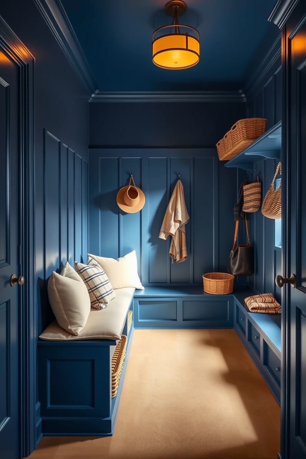 Indigo blue paint creates a bold and inviting atmosphere in the mudroom. The warm lighting enhances the rich hues, making the space feel cozy and welcoming. The mudroom features built-in storage benches with plush cushions for comfort. Hooks line the walls for hanging coats and bags, while decorative baskets add a touch of style and organization.