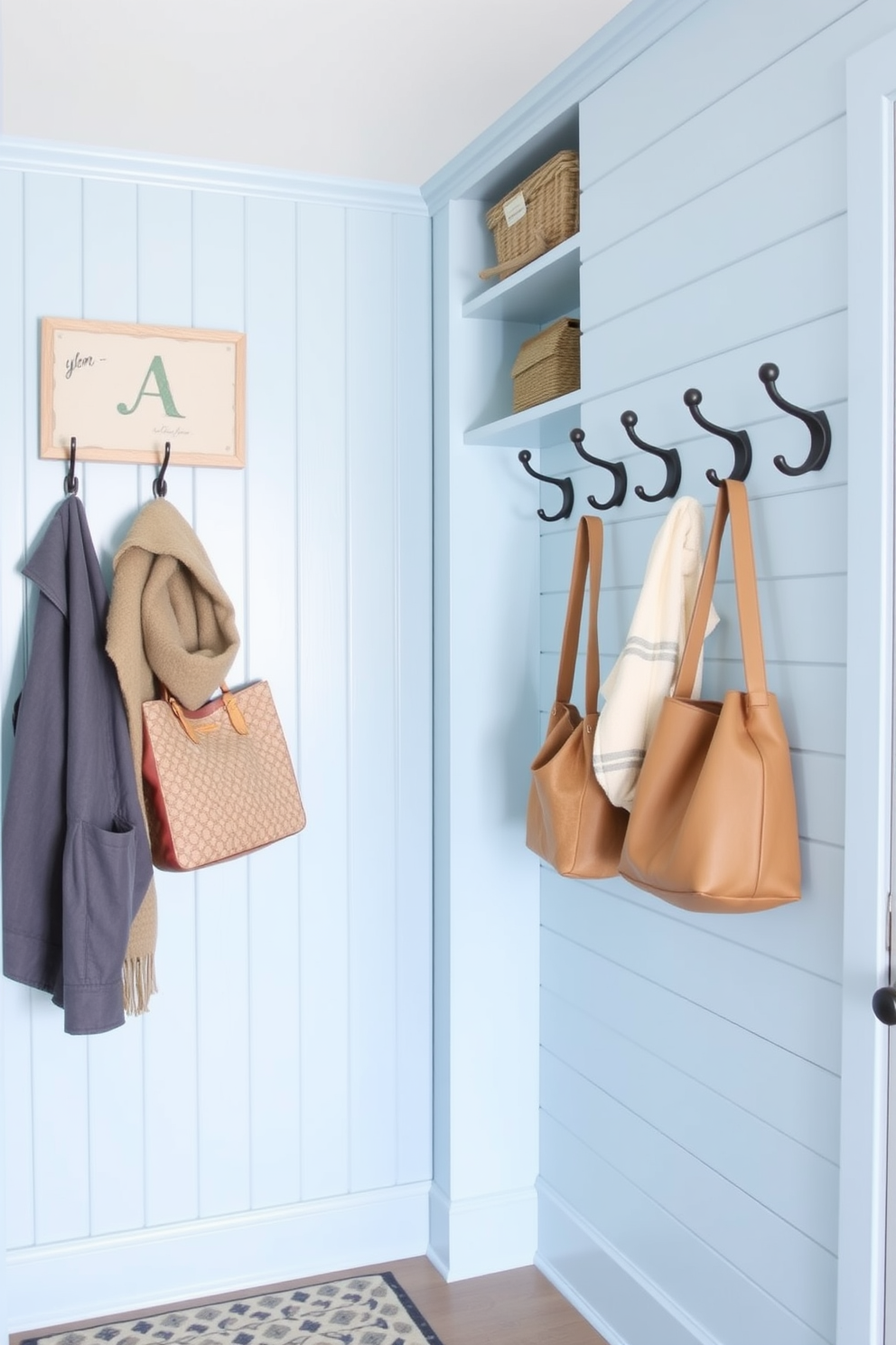 Light blue shiplap walls create a serene and welcoming atmosphere in the mudroom. Hooks are mounted on the walls for convenient storage of coats and bags, enhancing the functionality of the space.