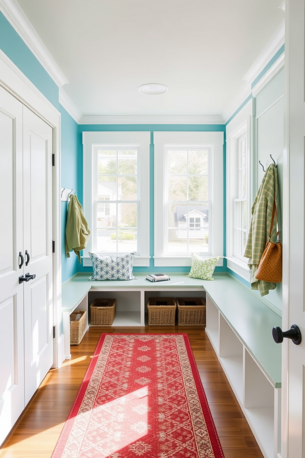 Aqua blue walls create a refreshing backdrop in the mudroom, complemented by crisp white trims that enhance the overall brightness of the space. The design features built-in benches with storage underneath, paired with hooks for hanging coats and bags, ensuring functionality and style. A patterned rug adds warmth to the floor, while large windows allow natural light to flood the room, making it inviting and airy. Decorative baskets are placed strategically for easy organization, adding a touch of charm to the practical design.