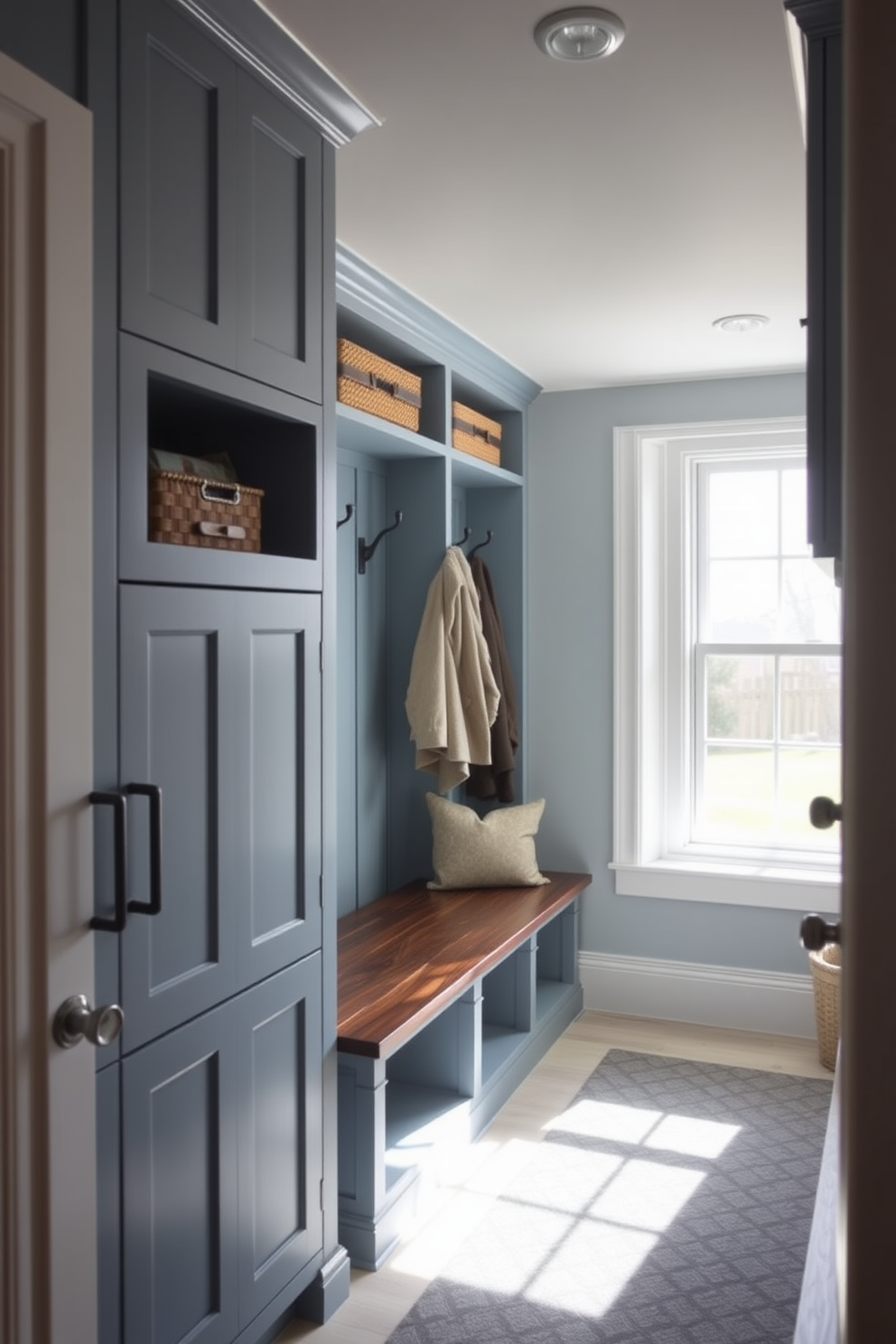 A welcoming mudroom featuring dusty blue cabinetry with open shelving for easy access to essentials. The space is adorned with hooks for coats and a built-in bench, complemented by natural light streaming through a nearby window.