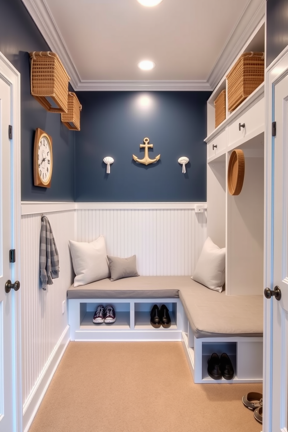 A serene mudroom featuring a marine blue color scheme that evokes a coastal vibe. The walls are painted in a deep marine blue, complemented by white beadboard paneling along the lower half. The space includes a built-in bench with plush cushions in light gray, surrounded by storage cubbies for shoes and outdoor gear. Nautical-inspired decor, such as rope accents and seashell motifs, adds a charming touch to the overall design.