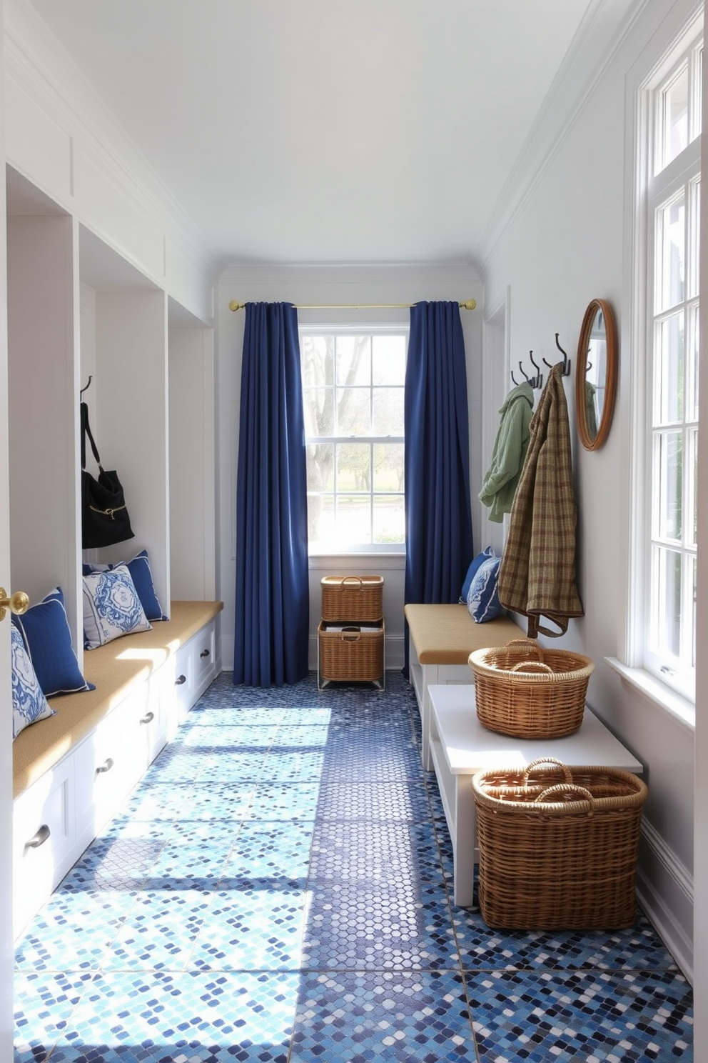 A stylish mudroom featuring blue and white mosaic tiles on the floor creates a vibrant and inviting space. The walls are painted in a soft white, complemented by built-in benches with plush cushions and hooks for hanging coats and bags. Natural light floods the area through a large window, illuminating the space and enhancing the blue accents. Decorative baskets are neatly arranged for storage, adding both functionality and charm to the design.
