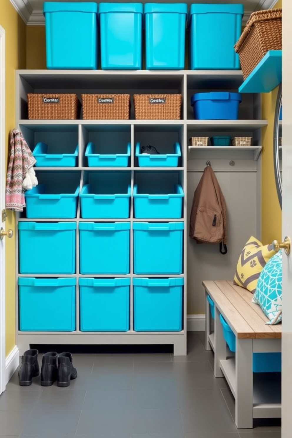 A vibrant mudroom featuring electric blue storage bins neatly arranged for optimal organization. The space is accented with durable flooring and a welcoming bench, creating a functional and stylish entryway.
