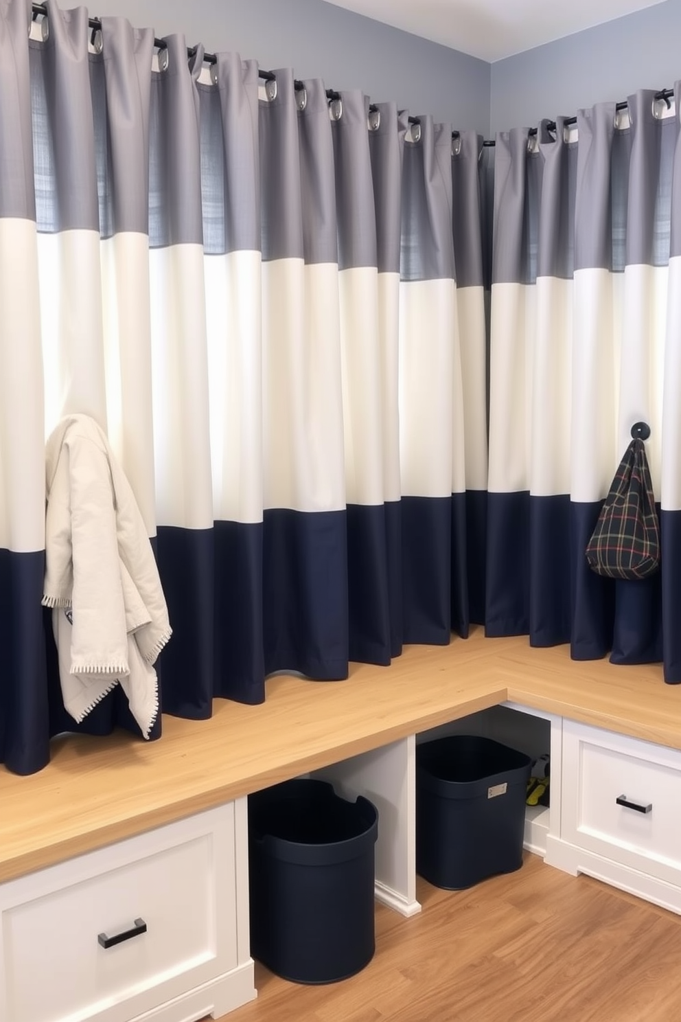 A cozy mudroom featuring soft navy curtains that enhance privacy and style. The space includes built-in storage benches with hooks above for easy organization.