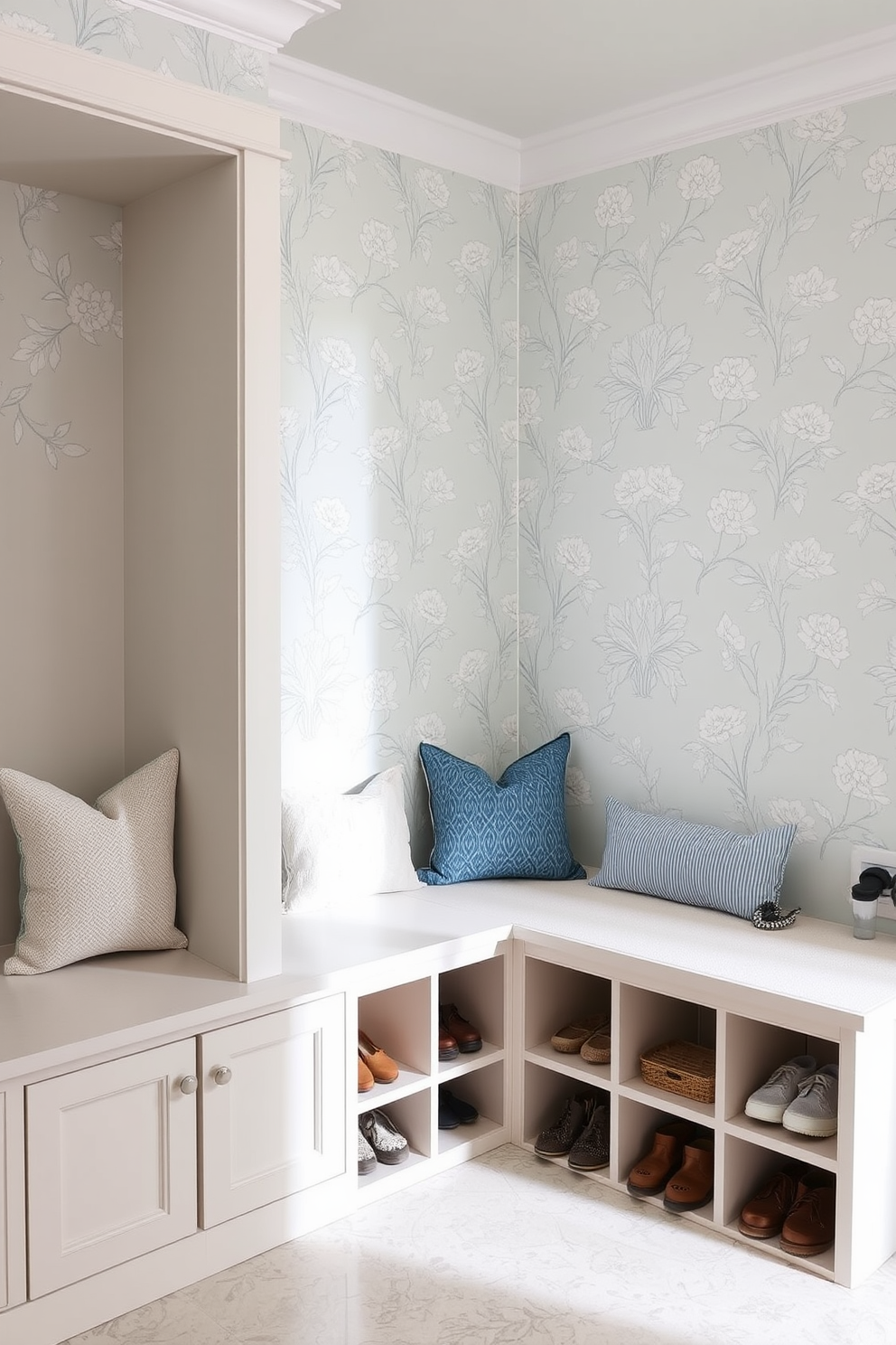 A serene mudroom featuring soft blue wallpaper adorned with delicate floral patterns. The space includes a built-in bench with plush cushions and storage cubbies for shoes and accessories.
