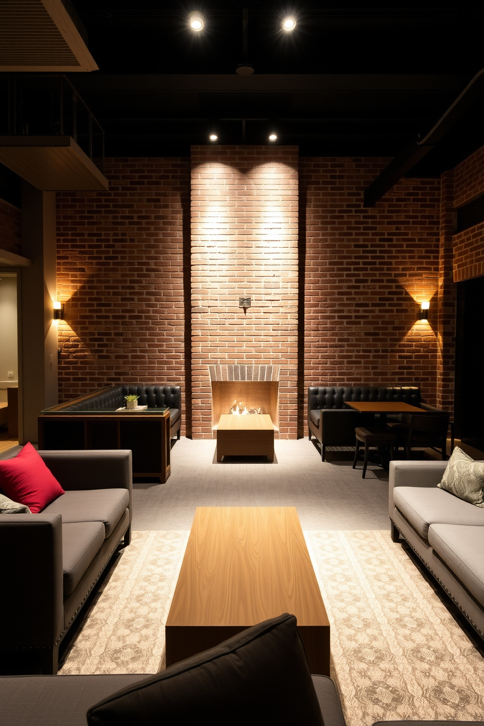 Open layout with a stunning brick feature wall that adds character and warmth to the space. The basement is designed with a modern aesthetic, featuring comfortable seating arrangements and ambient lighting that enhances the inviting atmosphere.