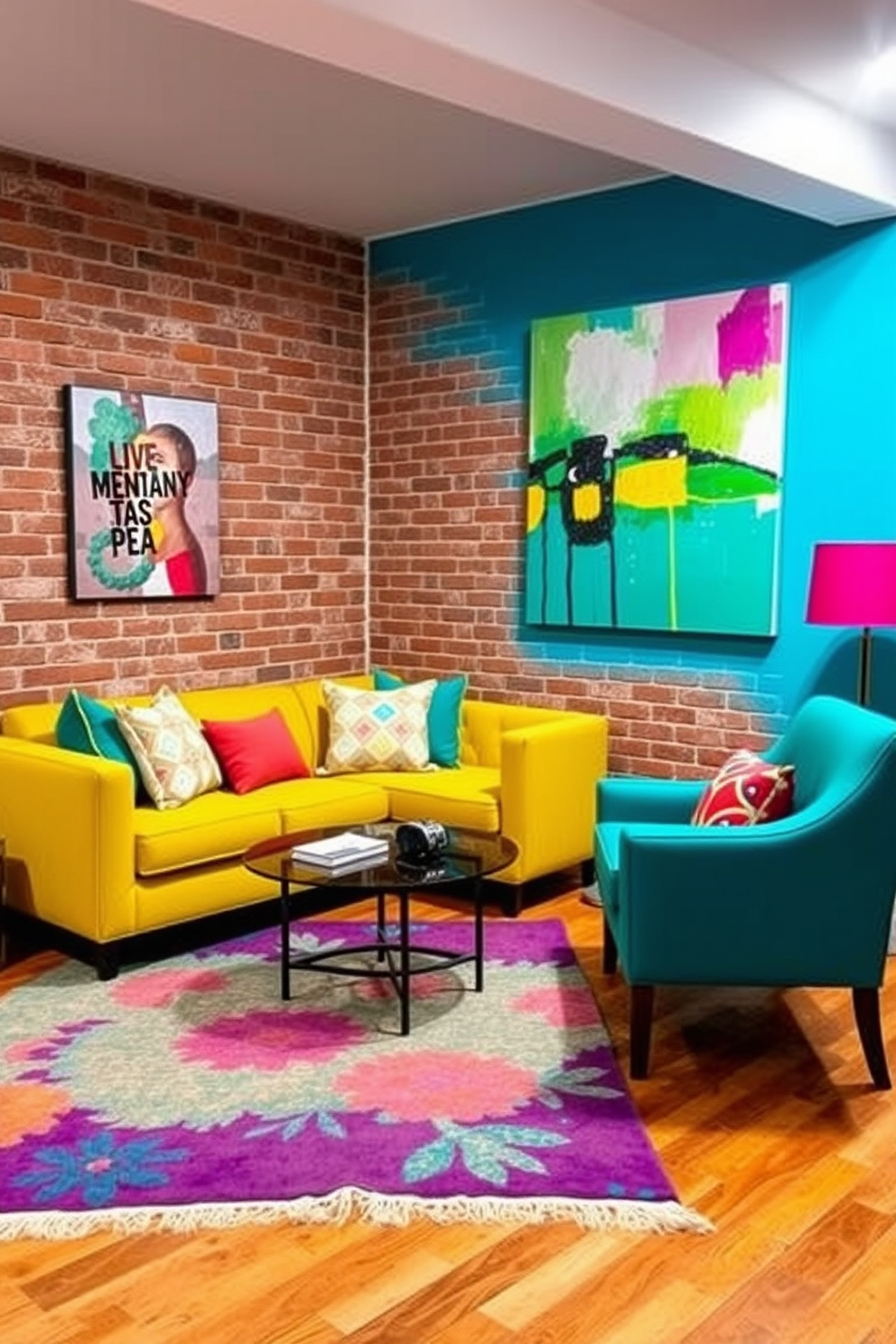 Bright colors contrasting with brick tones create a vibrant and inviting atmosphere in a basement. A cozy seating area features a plush yellow sofa paired with a teal armchair, while a large abstract painting adds a pop of color to the exposed brick wall. The flooring consists of warm wooden planks that complement the rich tones of the brick. Decorative elements like colorful throw pillows and a bright area rug enhance the lively ambiance, making the space feel both stylish and welcoming.