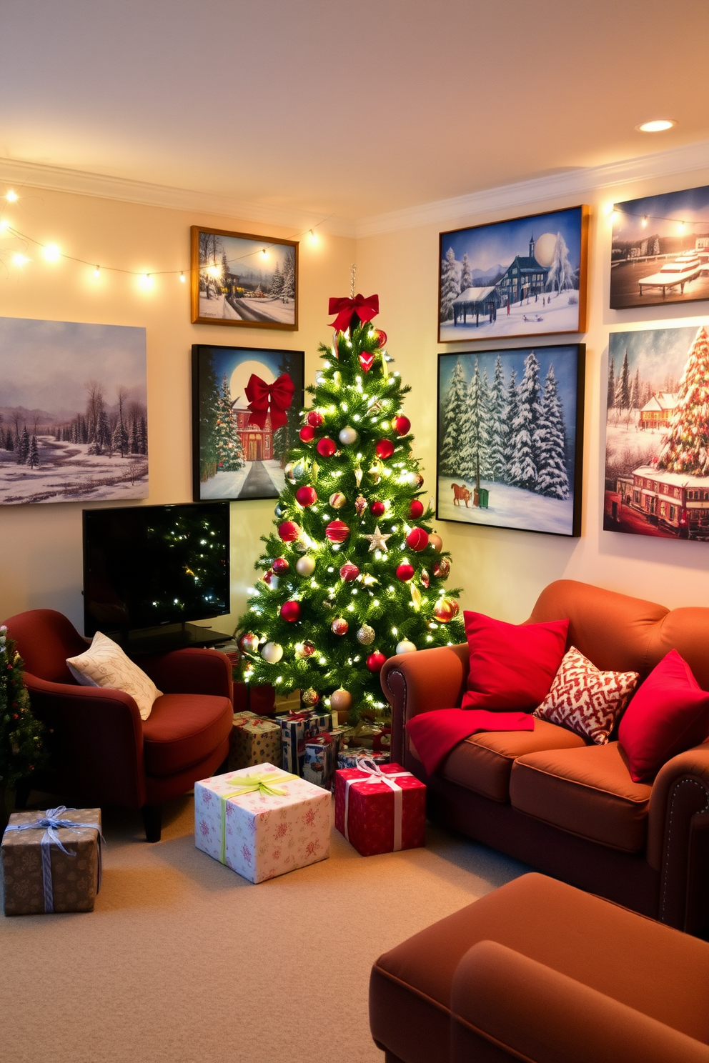 A cozy living room adorned with holiday-themed artwork that captures the spirit of Christmas. The walls are decorated with vibrant paintings of winter landscapes and festive scenes, creating a warm and inviting atmosphere. A beautifully adorned Christmas tree stands in the corner, surrounded by wrapped presents. Soft lighting from string lights adds a magical glow, complementing the cheerful artwork on the walls.
