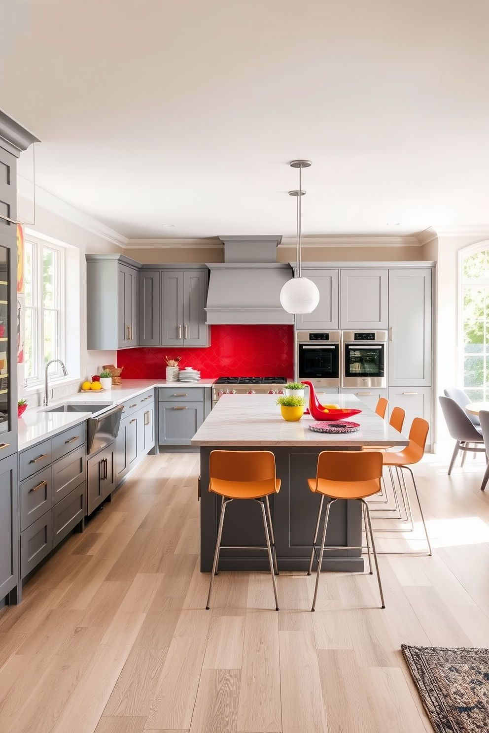 Chic gray cabinets are paired with vibrant artwork adorning the walls, creating a striking visual contrast. The kitchen features a spacious layout with a large island at the center, surrounded by stylish bar stools. Brightly colored accents, such as a bold backsplash and decorative kitchenware, add personality to the space. Natural light floods in through large windows, enhancing the cheerful atmosphere of this colorful kitchen design.