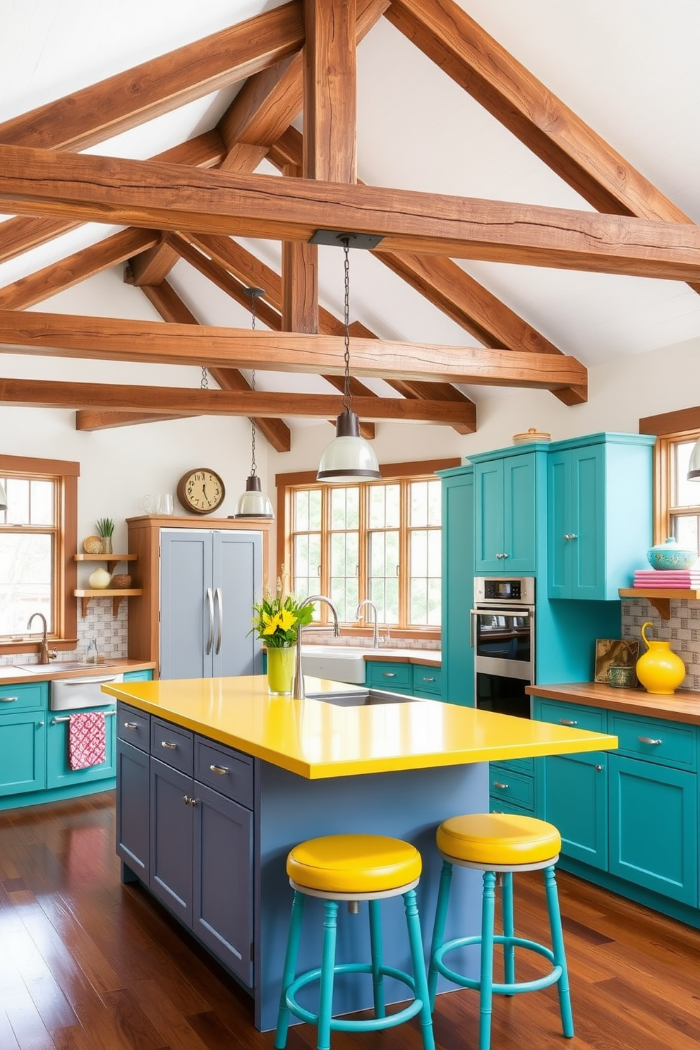 A warm and inviting kitchen featuring rustic wood beams that stretch across the ceiling. Bright accents in the form of colorful cabinetry and vibrant decor elements create a lively atmosphere. The kitchen island is topped with a cheerful yellow countertop, complemented by bar stools in a contrasting turquoise. Large windows allow natural light to flood the space, enhancing the cheerful and cozy vibe.