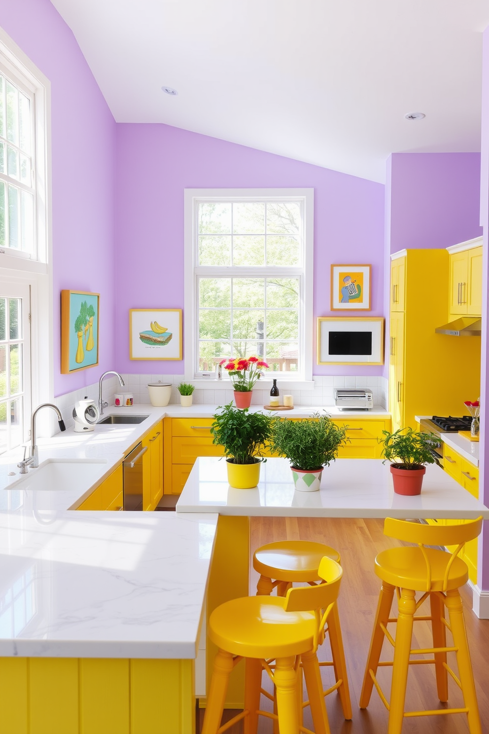A vibrant kitchen filled with natural light. The walls are painted in a soft lavender hue, complemented by cheerful yellow accents on the cabinetry and decor. The space features a large island with a white marble countertop, surrounded by bright bar stools. Colorful artwork adorns the walls, and fresh herbs in pots add a touch of greenery to the cheerful atmosphere.