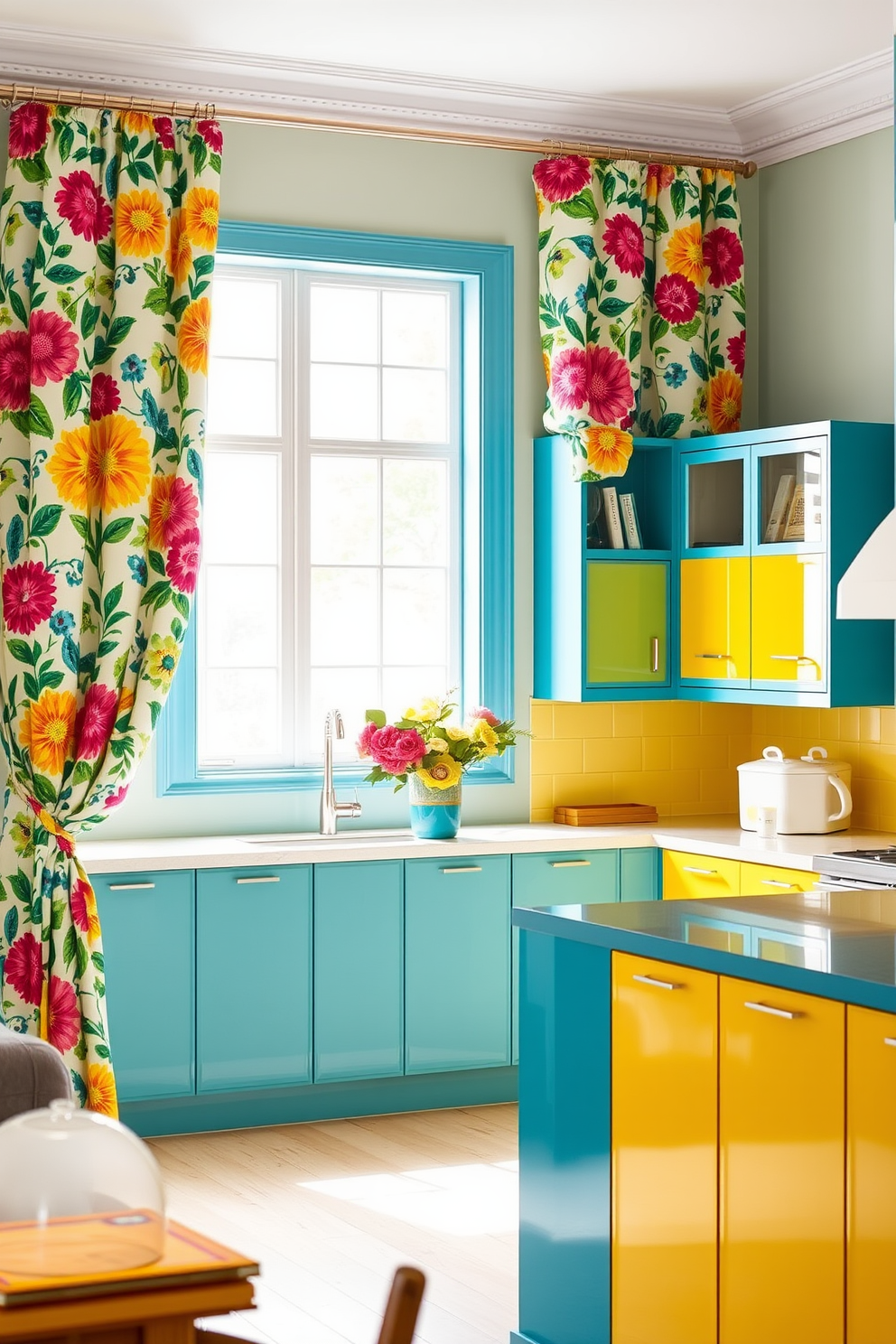 Brightly patterned curtains frame the window, featuring vibrant floral designs that add a pop of color to the room. The fabric cascades elegantly to the floor, complementing the overall decor with a cheerful and inviting atmosphere. The kitchen design showcases a lively mix of colors, with bold cabinetry in shades of teal and sunny yellow accents. A central island with a contrasting deep blue countertop serves as a functional and stylish focal point for cooking and entertaining.