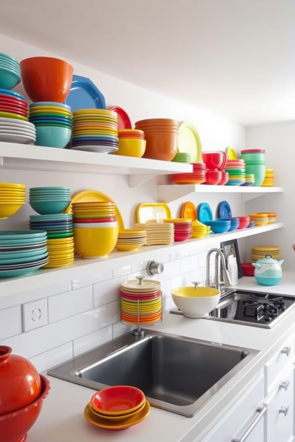 A vibrant kitchen filled with rainbow-colored dishware displayed on open shelves creates a cheerful and inviting atmosphere. The walls are painted in a soft white, allowing the colorful dishware to stand out and become a focal point of the space.