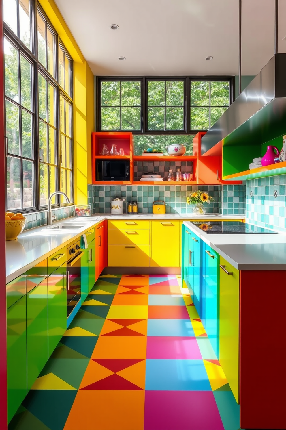 A vibrant kitchen space filled with bold geometric patterns on the floor. The cabinetry features a mix of bright colors, creating a lively and inviting atmosphere. The countertops are made of a sleek material that contrasts beautifully with the patterned flooring. Large windows allow natural light to flood the room, highlighting the colorful accents throughout the design.