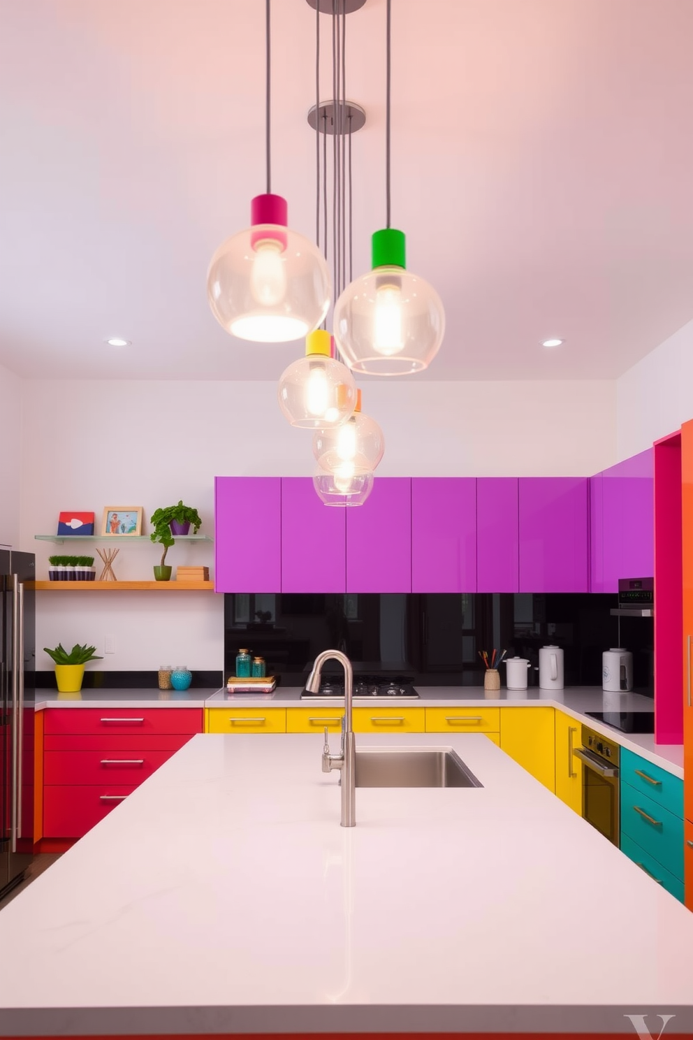 A vibrant kitchen space featuring colorful pendant lights elegantly hanging over a large central island. The cabinetry is a mix of bold hues, complementing the playful atmosphere and enhancing the overall cheerful design.