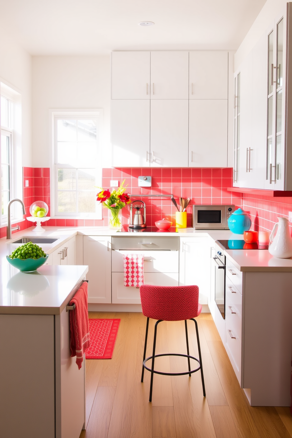 A vibrant kitchen featuring bright coral accents against sleek white cabinetry. The space is filled with natural light, highlighting colorful accessories and decorative items that enhance the cheerful atmosphere.