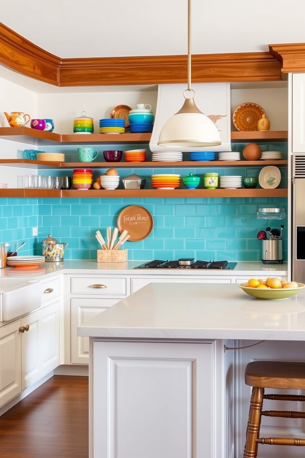 A vibrant kitchen featuring a turquoise backsplash that adds a pop of color to the space. Above the countertops, wooden shelves display an array of colorful dishes and decorative items, enhancing the cheerful atmosphere. The cabinets are painted in a soft white, complementing the bold backsplash while providing a clean contrast. A large island in the center is topped with a light-colored countertop, perfect for meal preparation and casual dining.
