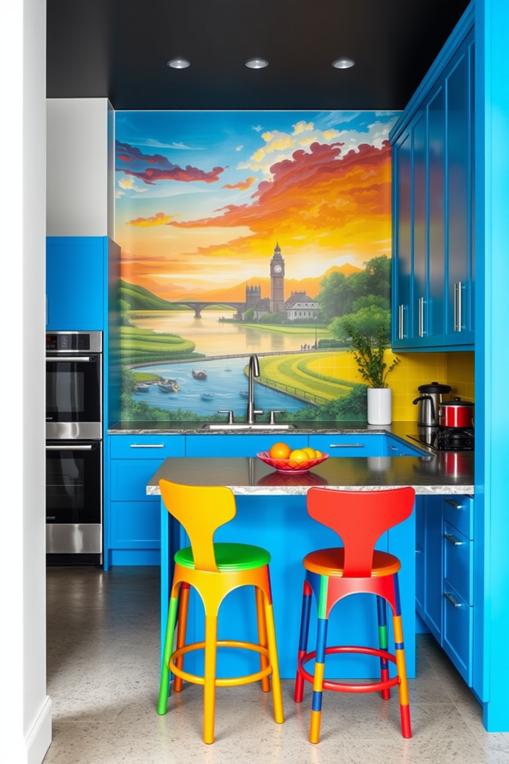 Artistic murals for a unique focal point. A vibrant mural depicting a serene landscape covers the main wall, creating an eye-catching centerpiece in the room. Colorful kitchen design ideas. The kitchen features bright blue cabinets paired with a sunny yellow backsplash, complemented by multicolored bar stools at the island.