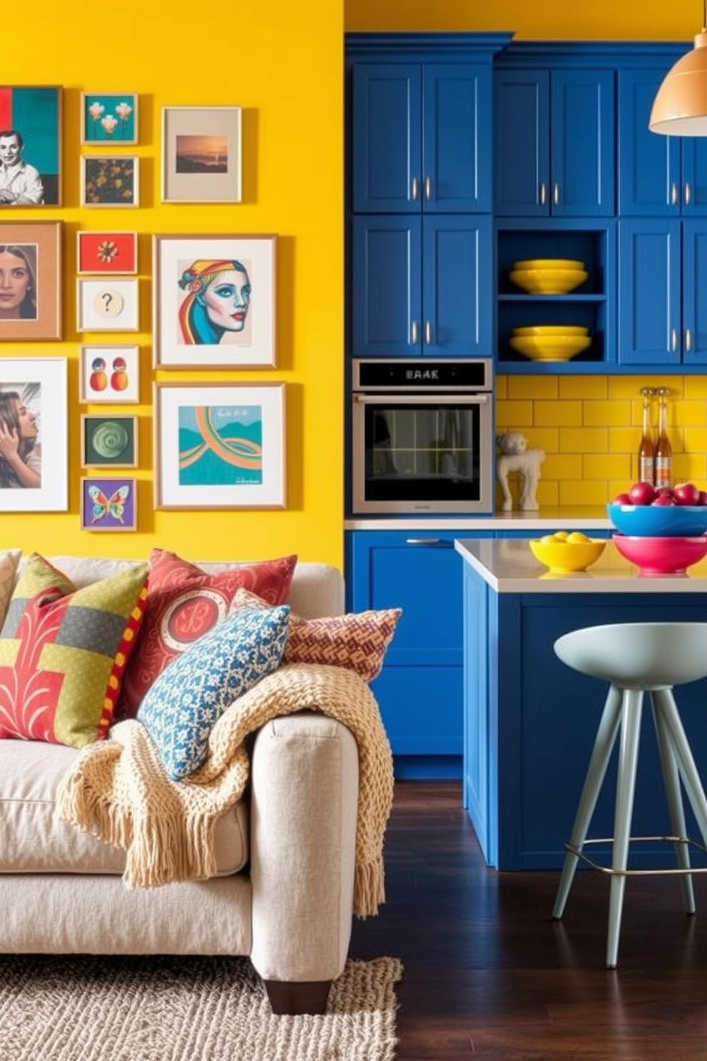 Layered textures with colorful textiles. A vibrant living room features a mix of patterned throw pillows on a plush sofa, layered with a soft knitted blanket. The walls are adorned with a gallery of colorful art pieces, and a textured area rug ties the space together, adding warmth and depth. Colorful Kitchen Design Ideas. A lively kitchen showcases bright blue cabinets paired with a cheerful yellow backsplash, creating a striking contrast. The countertop is topped with colorful fruit bowls, and stylish bar stools in various hues invite family and friends to gather around the island.