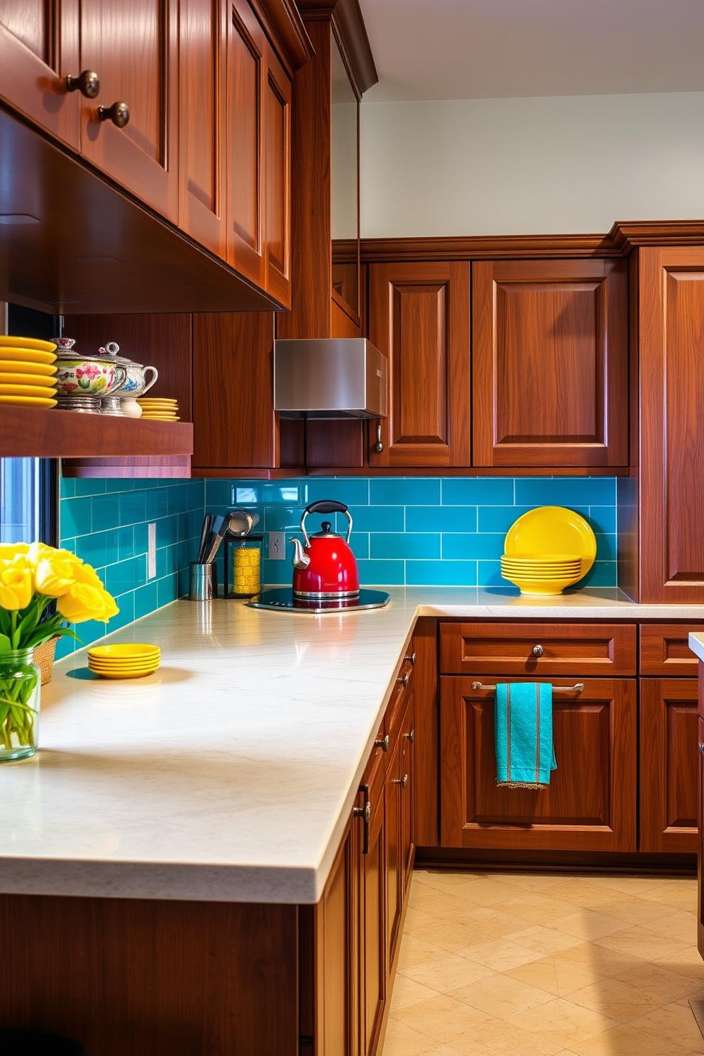 A vibrant kitchen filled with warm earth tones complemented by vibrant accents. The cabinetry is a rich walnut, paired with a bright turquoise backsplash that adds a lively touch. The countertops are a creamy beige with subtle veining, providing a neutral base. Brightly colored accessories like a red kettle and yellow dishware bring energy to the space.