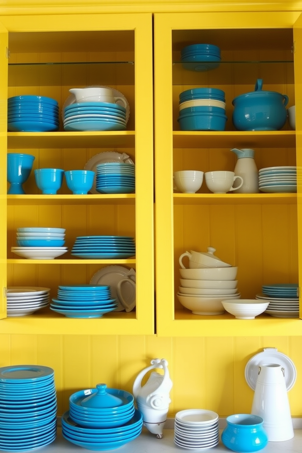 A vibrant kitchen filled with bright blue and white ceramic dishware arranged neatly on open shelves. The cabinets are a cheerful yellow, complementing the colorful dishware and creating a lively atmosphere.