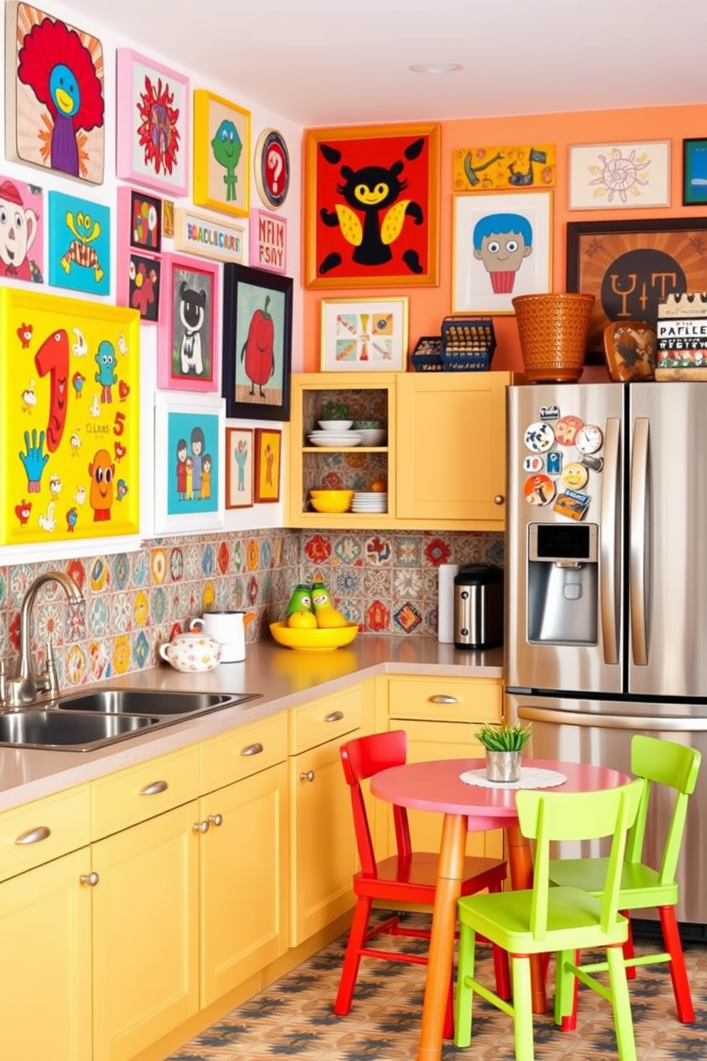 A vibrant kitchen filled with personality. The walls are adorned with an eclectic mix of colorful wall art, and a collection of quirky fridge magnets adds a playful touch to the stainless steel refrigerator. The cabinetry is painted in a bright hue, complemented by a cheerful backsplash featuring bold patterns. A cozy dining nook with a small round table and colorful chairs invites family gatherings and casual meals.