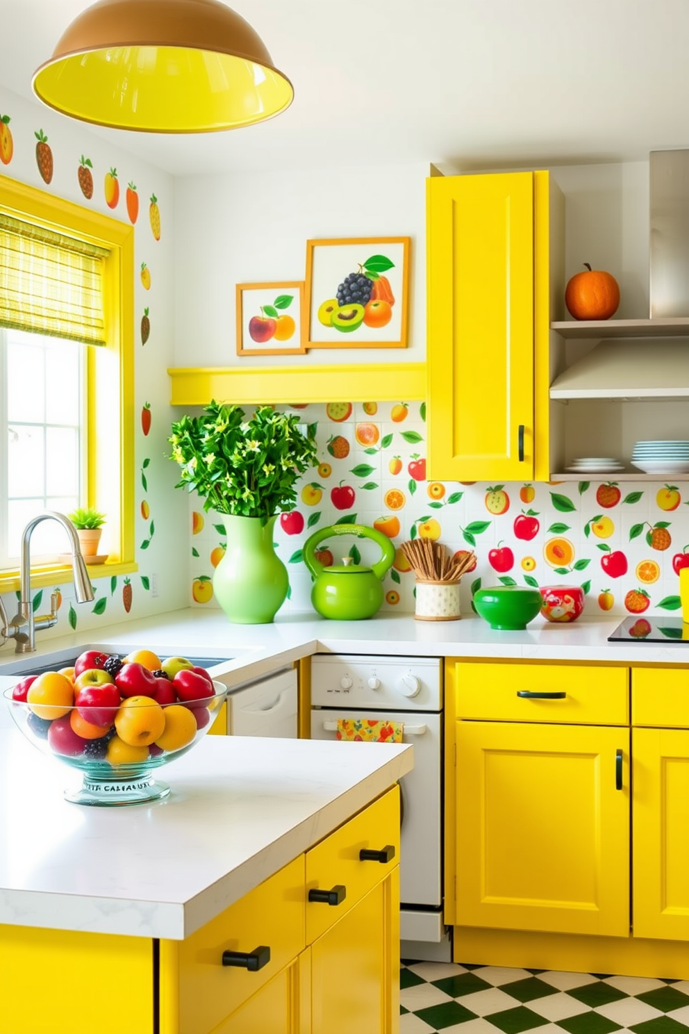A vibrant kitchen filled with lively fruit-themed decor. Brightly colored fruit prints adorn the walls, while a cheerful fruit bowl sits prominently on the countertop. The cabinets are painted in a sunny yellow, complementing the fresh green accents in the space. A playful fruit-patterned backsplash adds a fun touch, making the kitchen feel inviting and energetic.