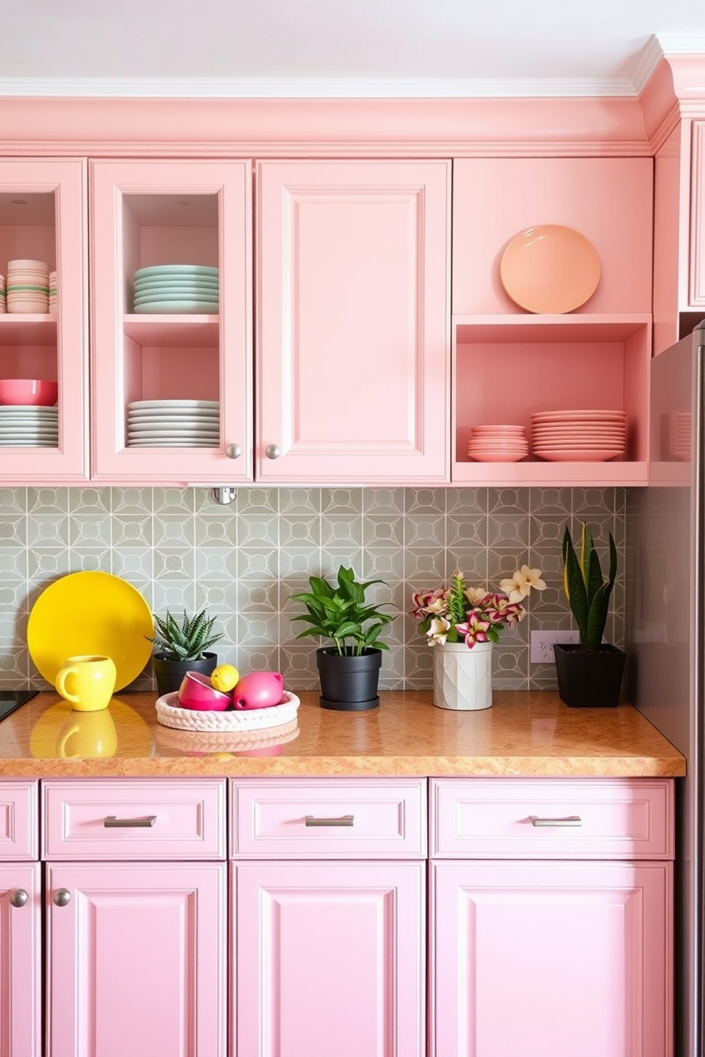 Soft pastel cabinets with contrasting countertops create a cheerful and inviting atmosphere in the kitchen. The warm hues of the cabinetry complement the vibrant colors of the countertop, enhancing the overall aesthetic appeal. Incorporate playful accent pieces such as colorful dishware and decorative plants to add personality to the space. A stylish backsplash featuring geometric patterns can further elevate the design, tying together the soft pastels and bold countertops.