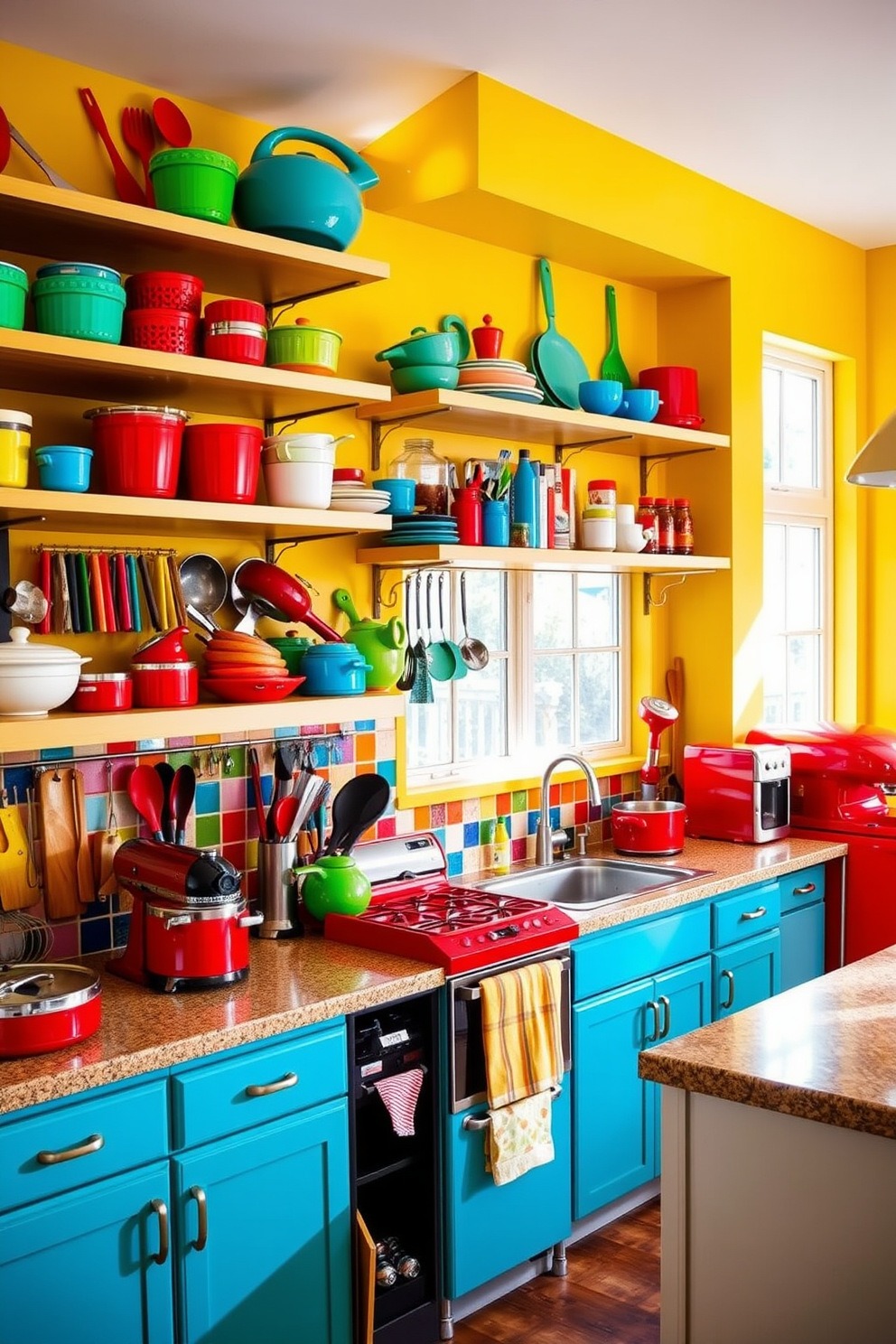 Brightly colored kitchen gadgets are arranged neatly on open shelving, showcasing a vibrant assortment of cookware and utensils. The walls feature a cheerful yellow hue, complemented by a backsplash of multicolored tiles that add a playful touch to the space. The countertops are adorned with a mix of bright red, blue, and green appliances, creating a lively atmosphere. Natural light streams in through large windows, illuminating the cheerful decor and enhancing the overall inviting feel of the kitchen.