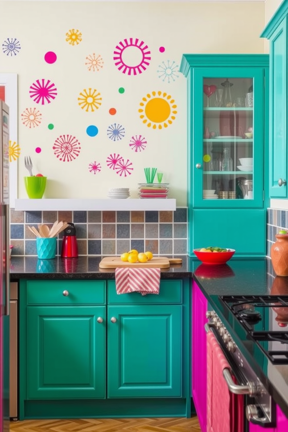 Colorful wall decals for fun accents. Bright and playful designs adorn the walls, featuring whimsical patterns and shapes that add a cheerful atmosphere to the space. Colorful kitchen design ideas. The cabinetry is painted in vibrant hues, complemented by bold backsplash tiles and colorful accessories that create an inviting and energetic cooking environment.